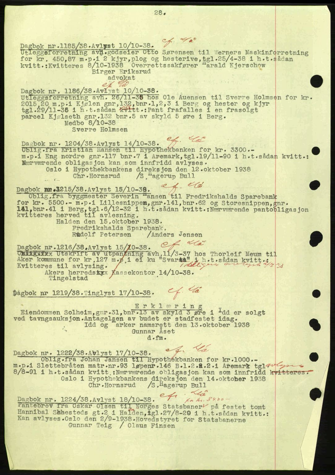 Idd og Marker sorenskriveri, AV/SAO-A-10283/G/Gb/Gbc/L0001: Pantebok nr. B1-3, 1936-1939, Dagboknr: 1185/1938