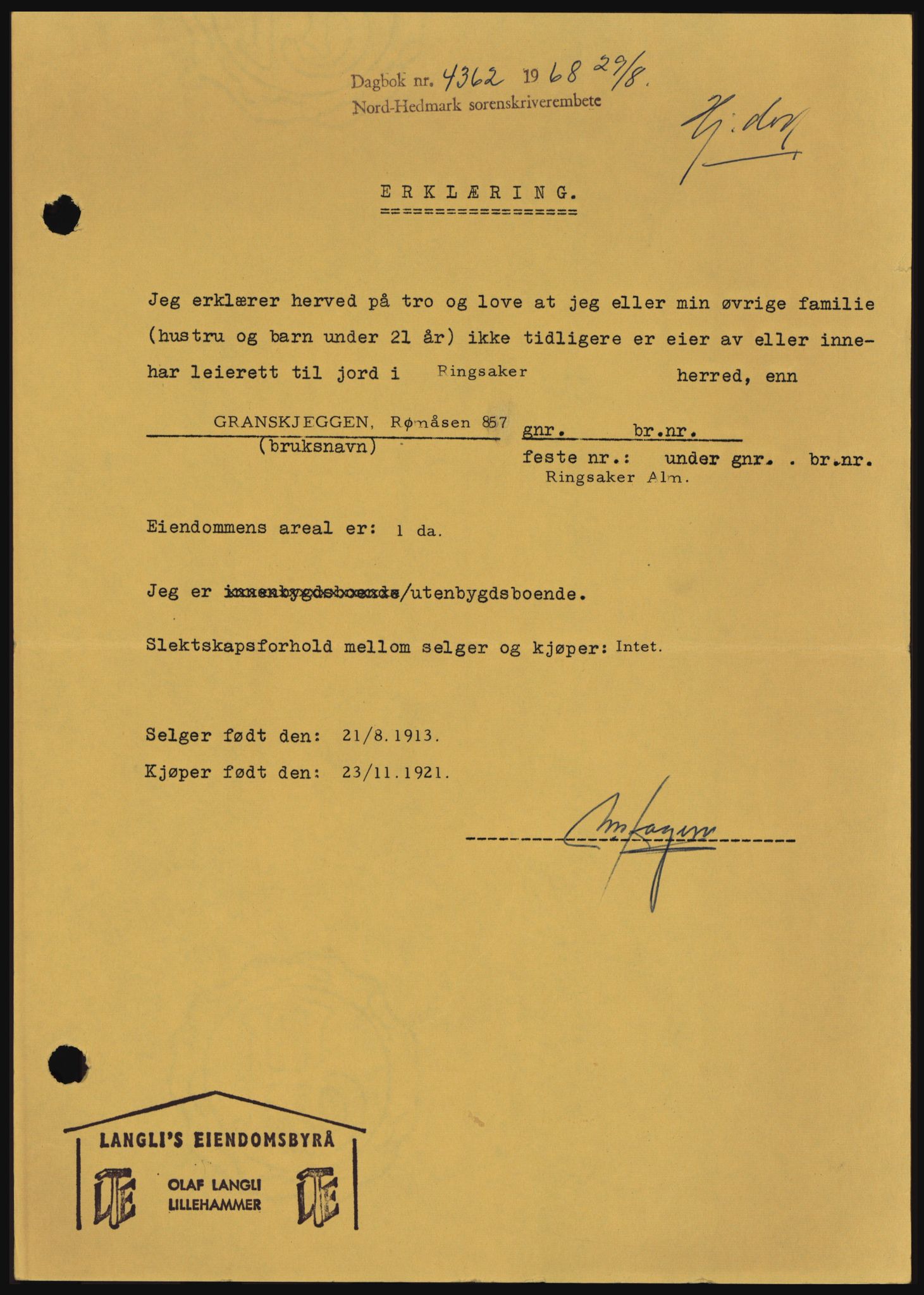 Nord-Hedmark sorenskriveri, SAH/TING-012/H/Hc/L0028: Pantebok nr. 28, 1968-1968, Dagboknr: 4362/1968