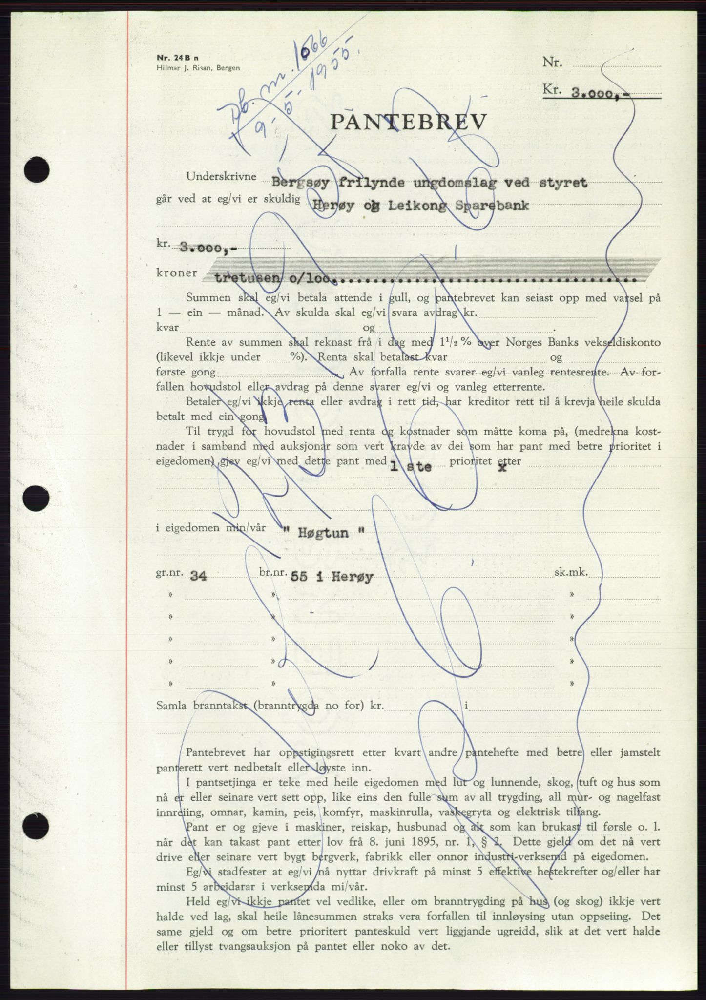 Søre Sunnmøre sorenskriveri, AV/SAT-A-4122/1/2/2C/L0126: Pantebok nr. 14B, 1954-1955, Dagboknr: 1066/1955