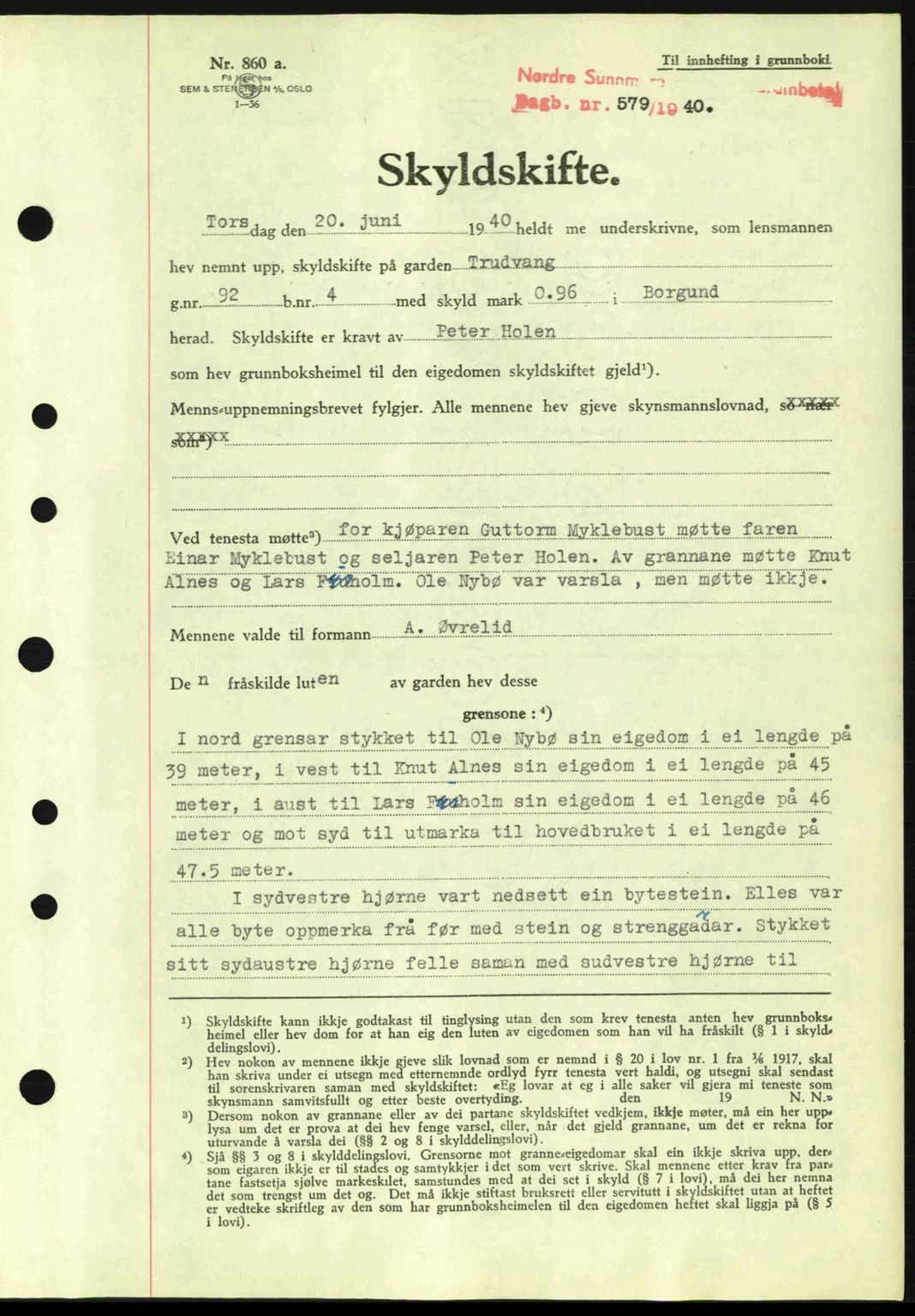 Nordre Sunnmøre sorenskriveri, AV/SAT-A-0006/1/2/2C/2Ca: Pantebok nr. A8, 1939-1940, Dagboknr: 579/1940