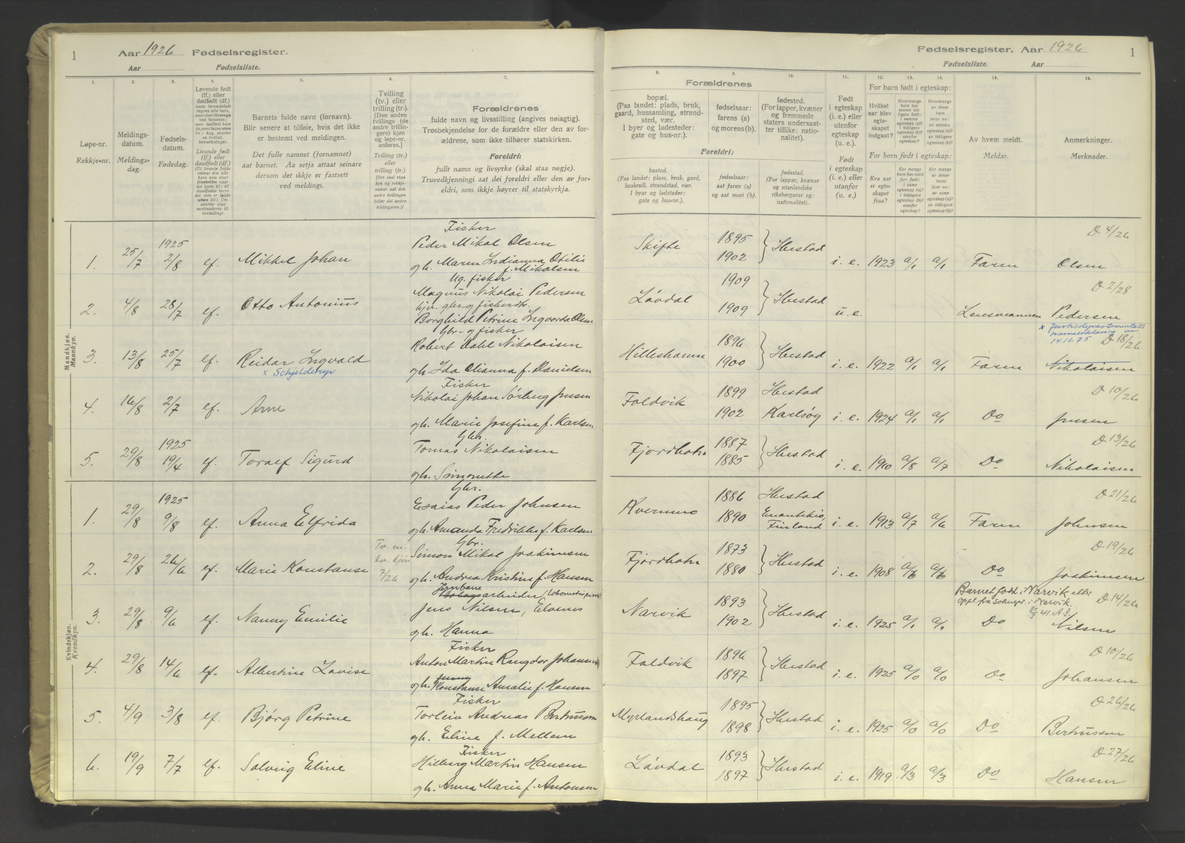 Ibestad sokneprestembete, SATØ/S-0077/I/Ic/L0064: Fødselsregister nr. 64, 1926-1961, s. 1