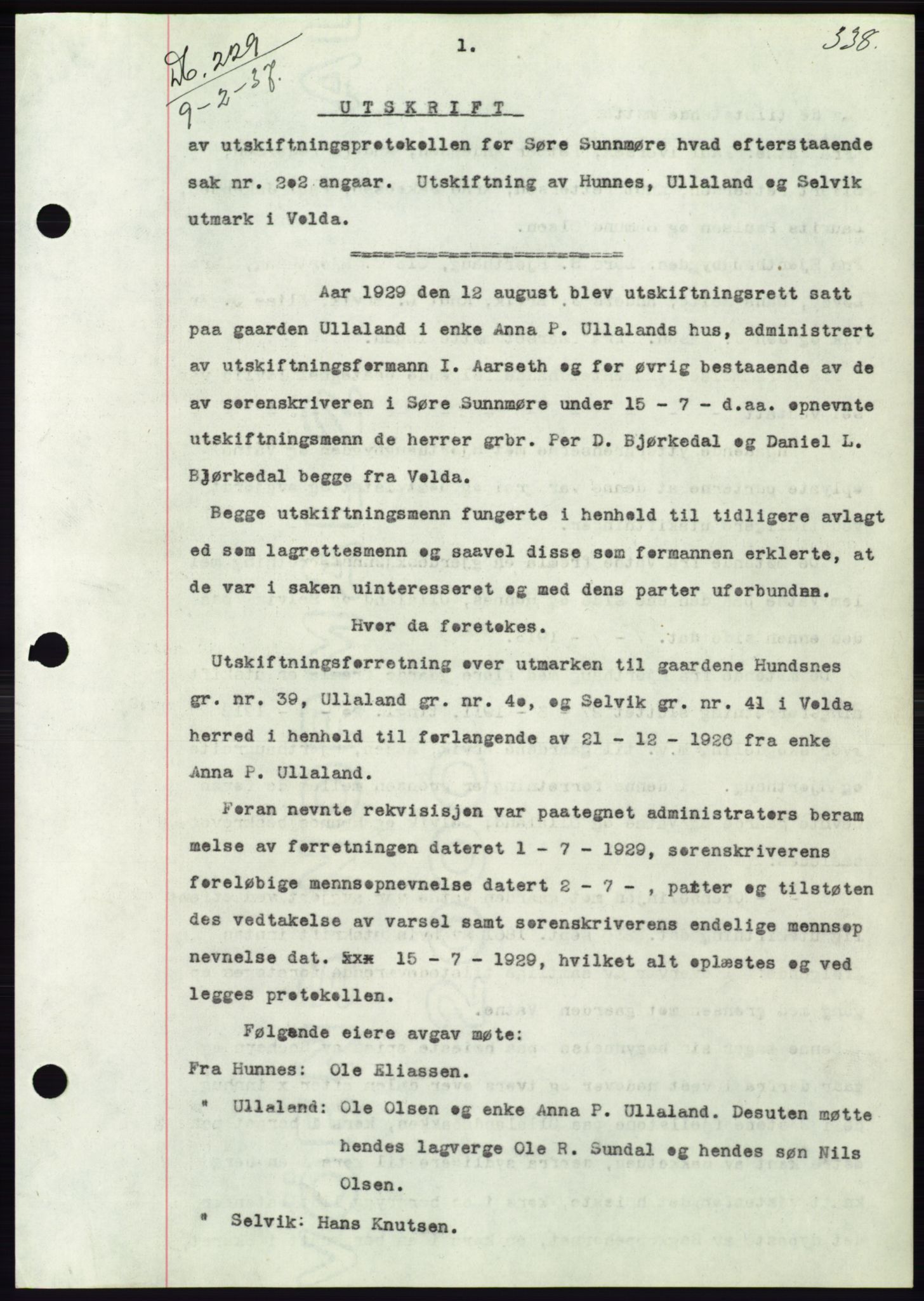 Søre Sunnmøre sorenskriveri, SAT/A-4122/1/2/2C/L0062: Pantebok nr. 56, 1936-1937, Dagboknr: 229/1937