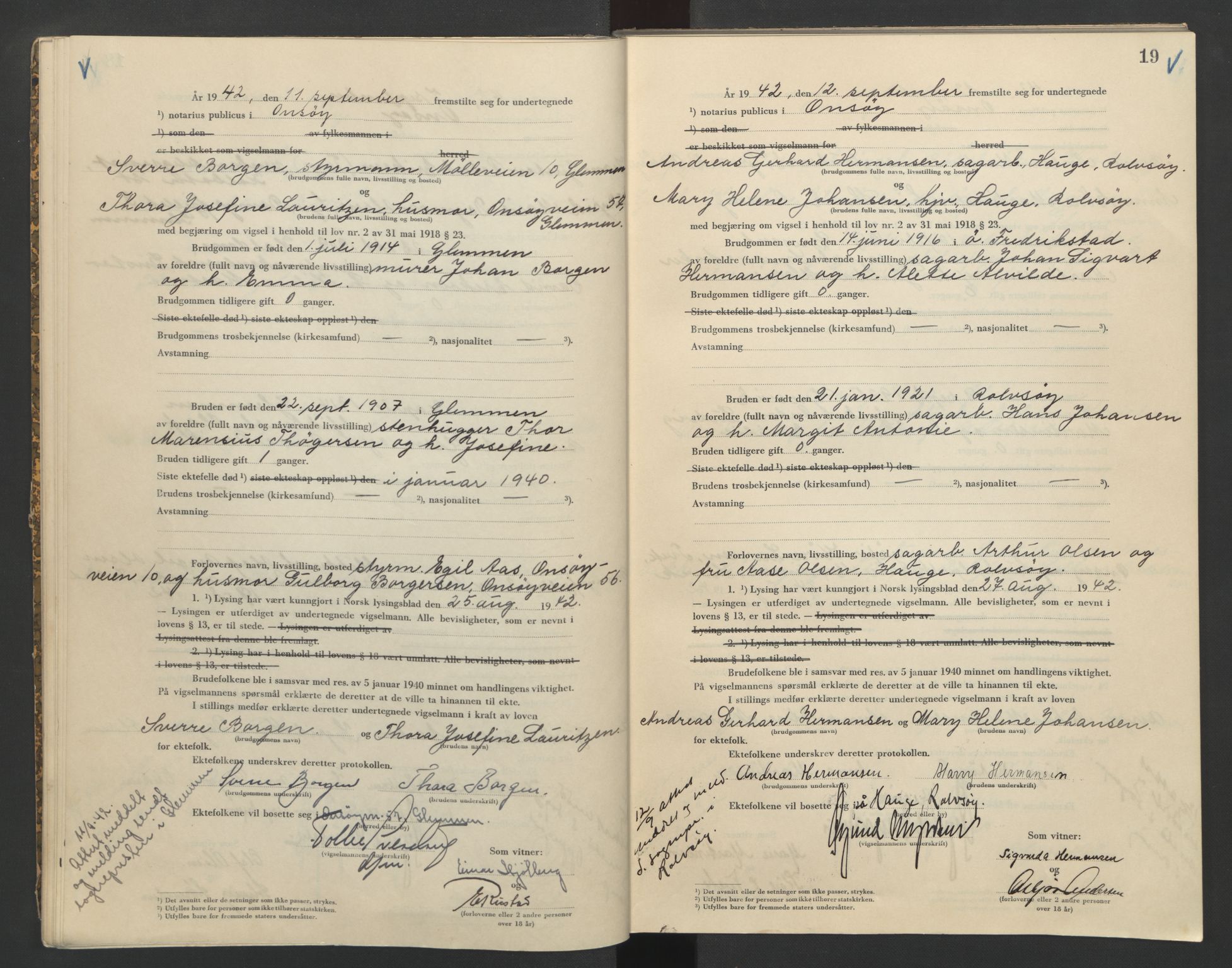 Onsøy sorenskriveri, AV/SAO-A-10474/L/La/L0002: Vigselsbok, 1942-1943, s. 19