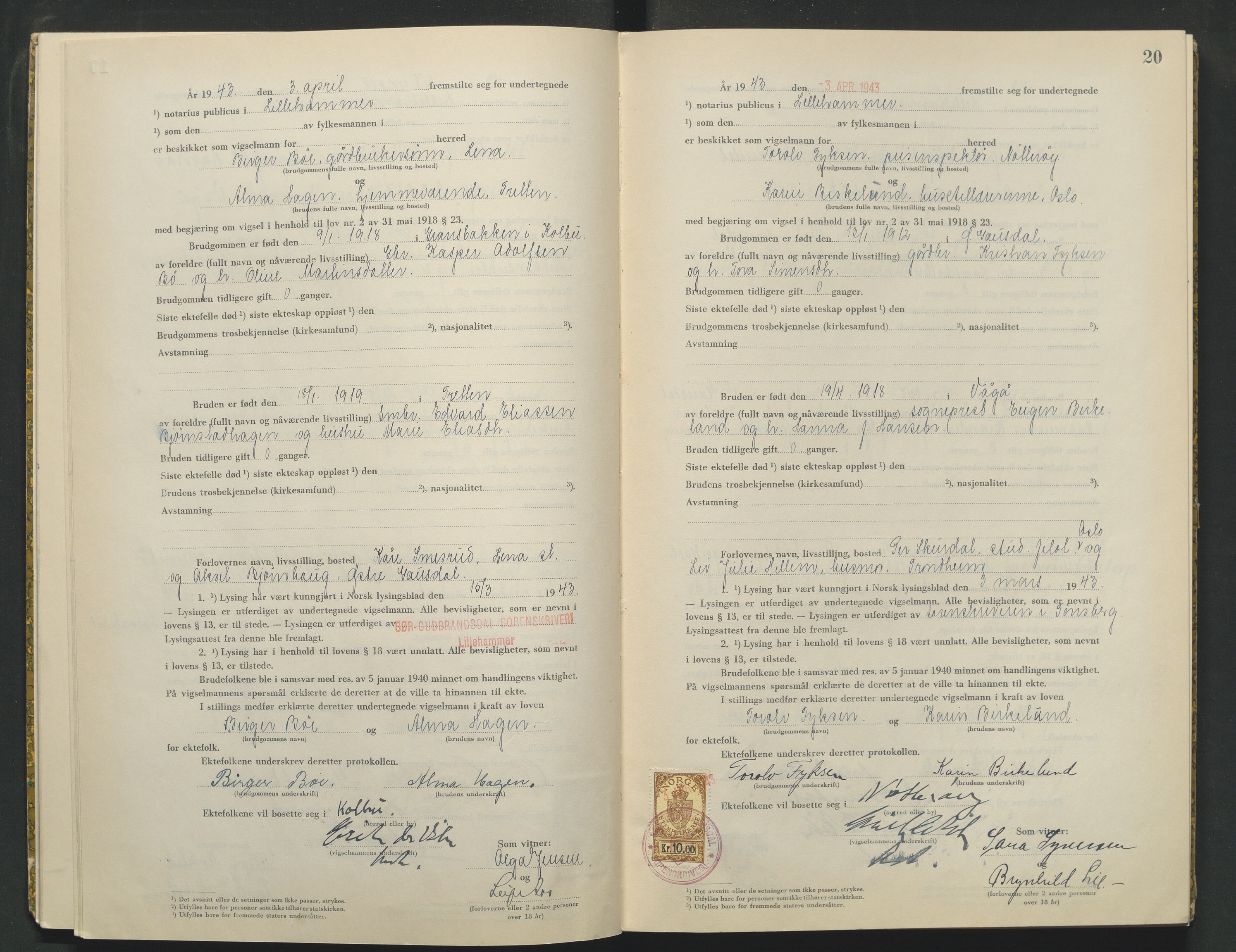Sør-Gudbrandsdal tingrett, AV/SAH-TING-004/L/Lc/L0003: Vigselsprotokoll, 1943, s. 20