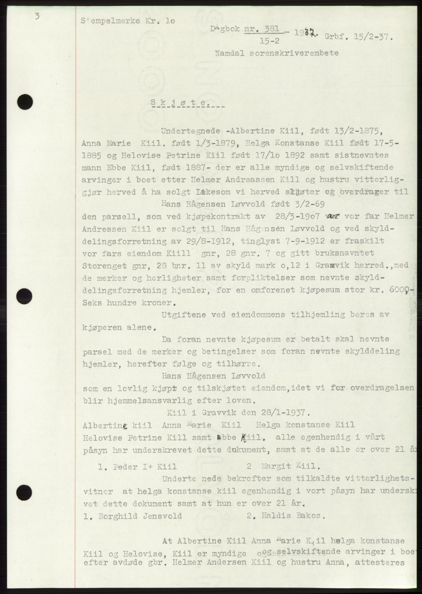 Namdal sorenskriveri, SAT/A-4133/1/2/2C: Pantebok nr. -, 1937-1939, Tingl.dato: 15.02.1937
