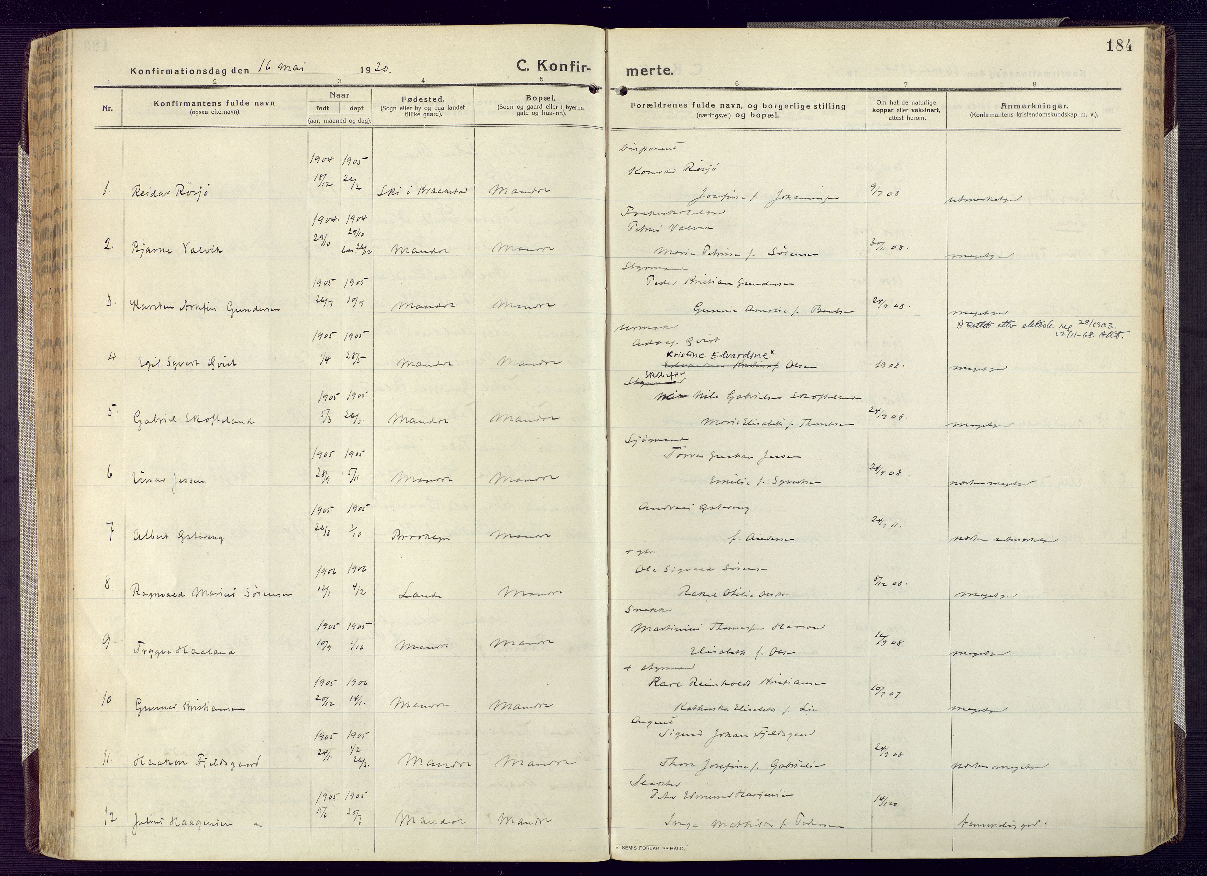 Mandal sokneprestkontor, SAK/1111-0030/F/Fa/Fac/L0001: Ministerialbok nr. A 1, 1913-1925, s. 184