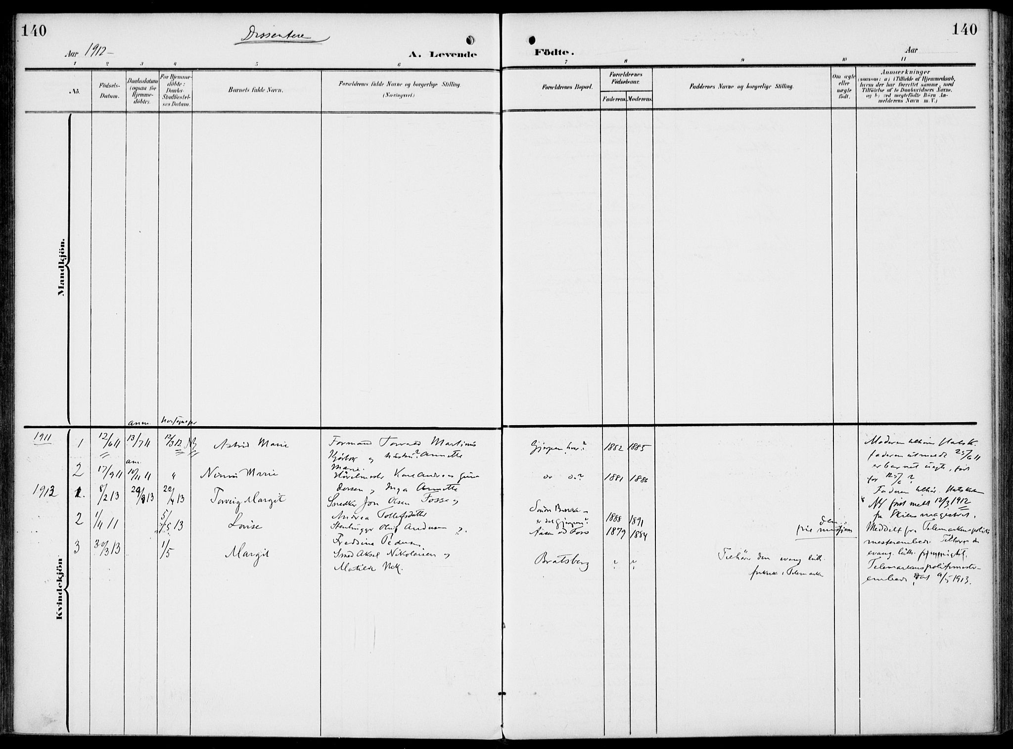 Gjerpen kirkebøker, SAKO/A-265/F/Fa/L0012: Ministerialbok nr. I 12, 1905-1913, s. 140