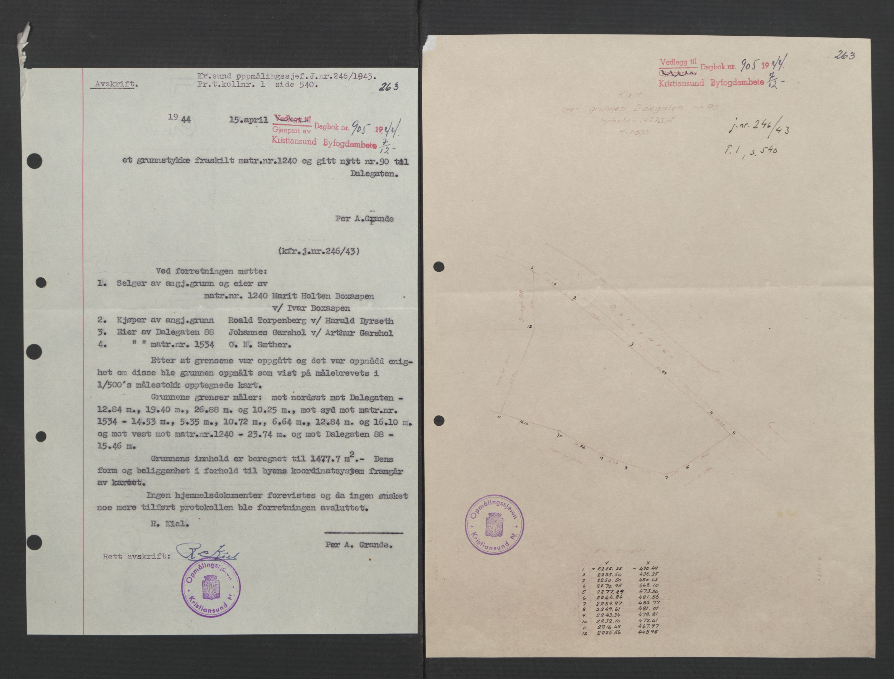 Kristiansund byfogd, AV/SAT-A-4587/A/27: Pantebok nr. 37, 1942-1945, Dagboknr: 905/1944