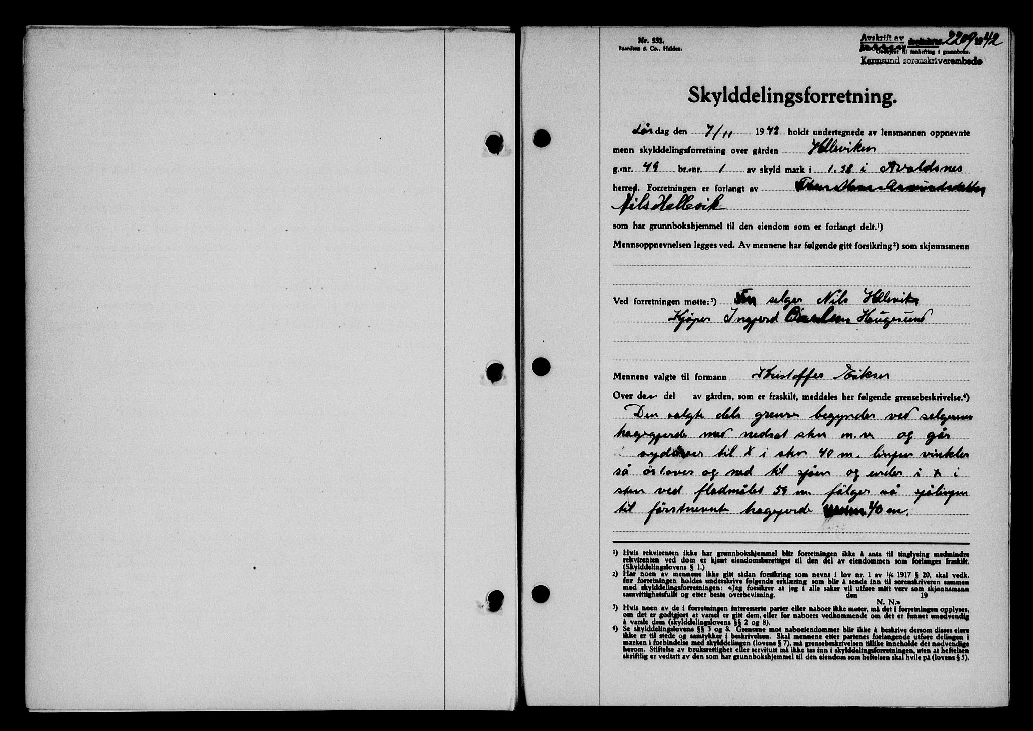 Karmsund sorenskriveri, SAST/A-100311/01/II/IIB/L0079: Pantebok nr. 60A, 1942-1943, Dagboknr: 2209/1942