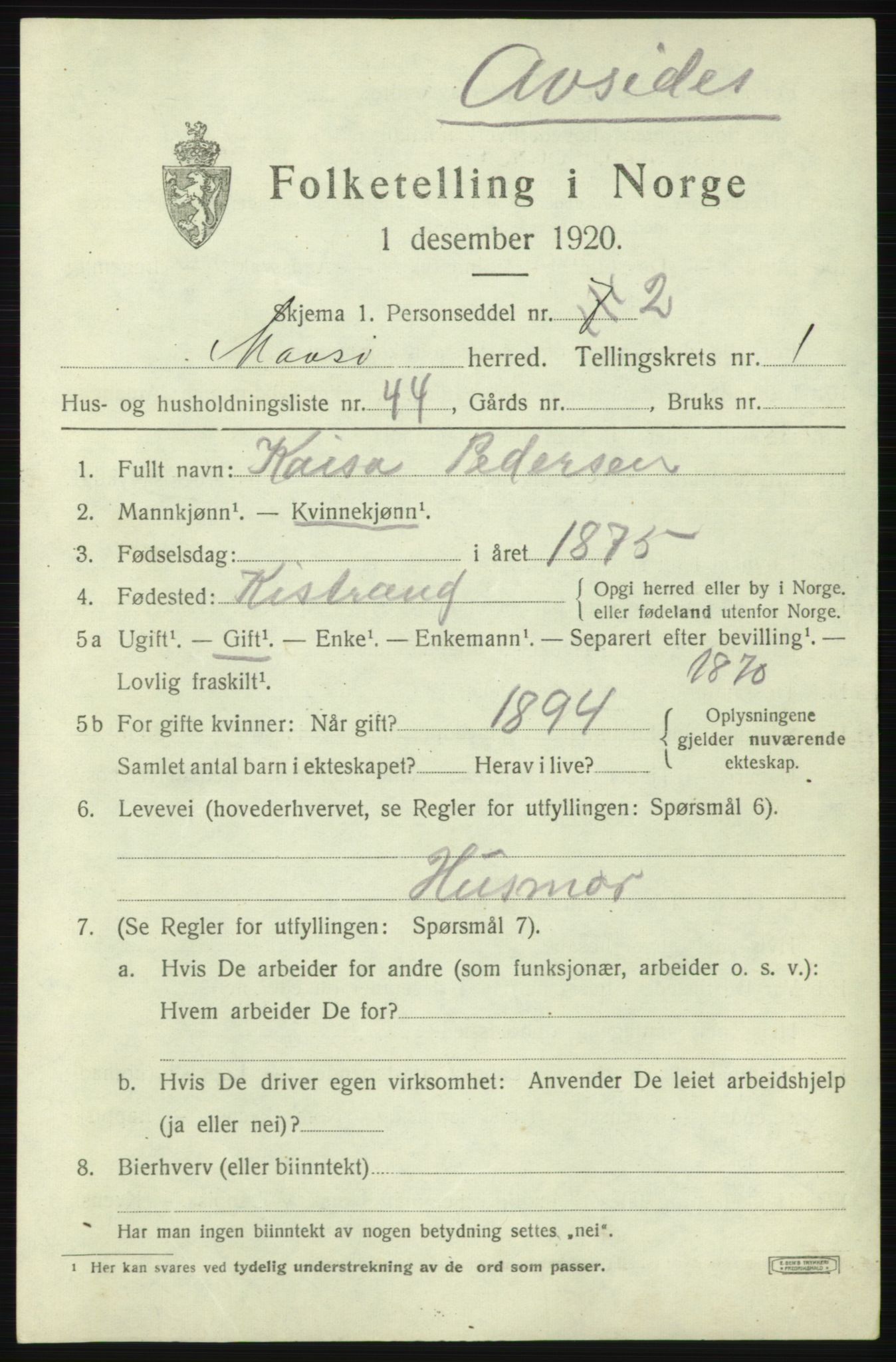 SATØ, Folketelling 1920 for 2018 Måsøy herred, 1920, s. 1292