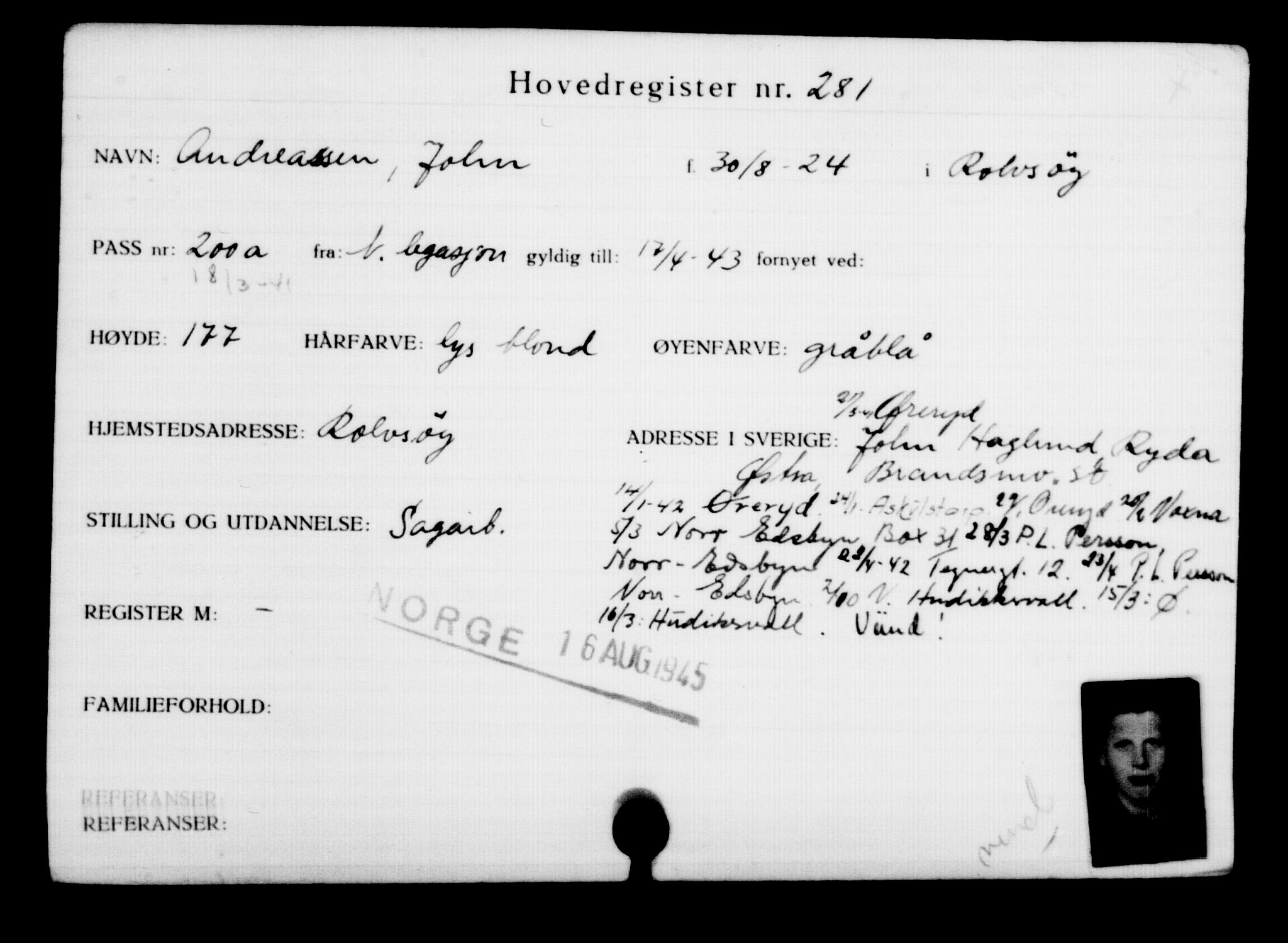 Utenriksstasjonene, Legasjonen i Stockholm, Flyktningkontoret, AV/RA-S-6753/V/Va/L0001: Kjesäterkartoteket, flyktninger med registreringsnr. 1-1000, 1940-1945, s. 449