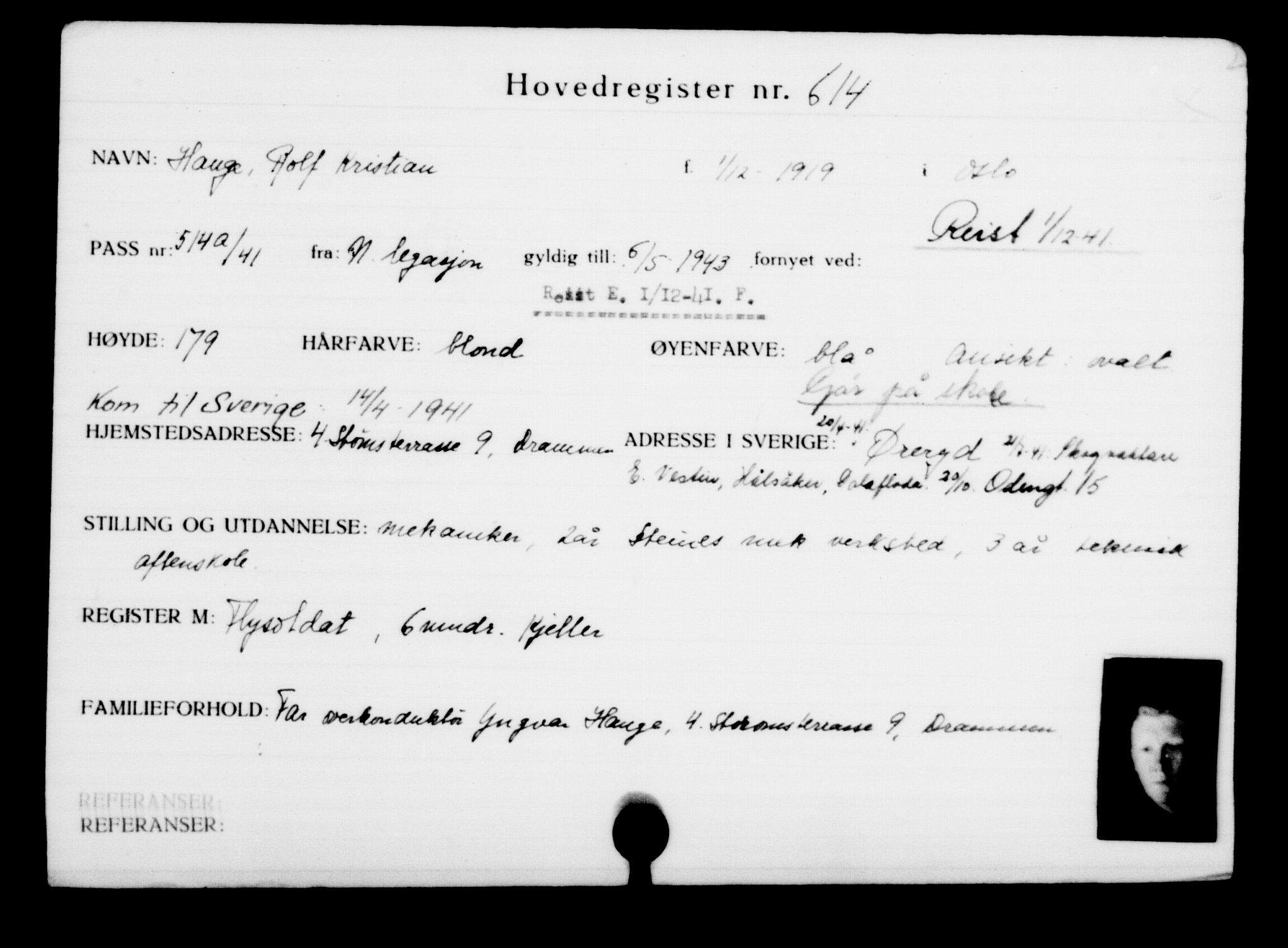 Utenriksstasjonene, Legasjonen i Stockholm, Flyktningkontoret, AV/RA-S-6753/V/Va/L0001: Kjesäterkartoteket, flyktninger med registreringsnr. 1-1000, 1940-1945, s. 963