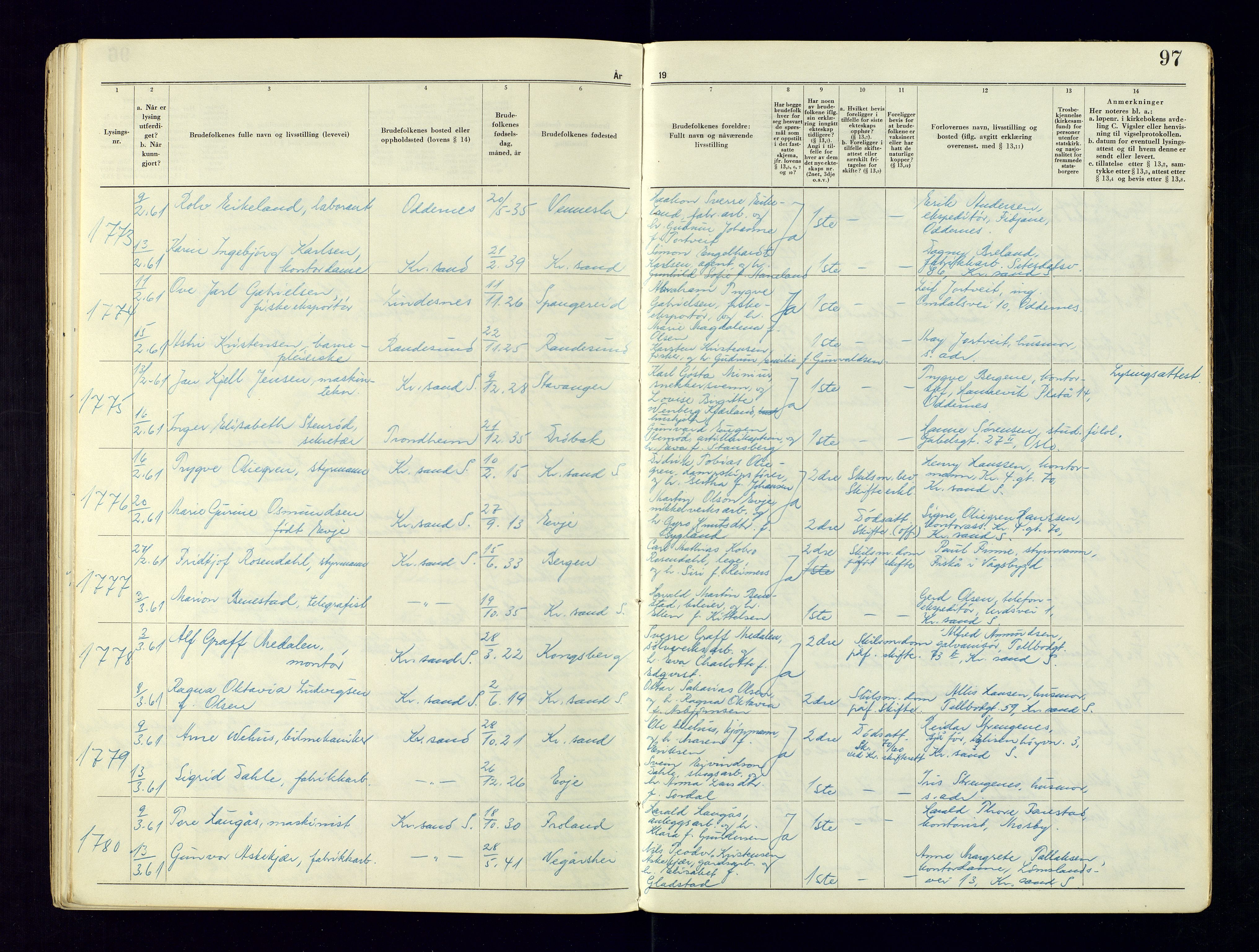 Kristiansand byrett - 2, AV/SAK-1223-0002/I/Ib/L0149/0004: Vigselbøker og lysningsbøker / Lysningsbok, 1946-1961, s. 97