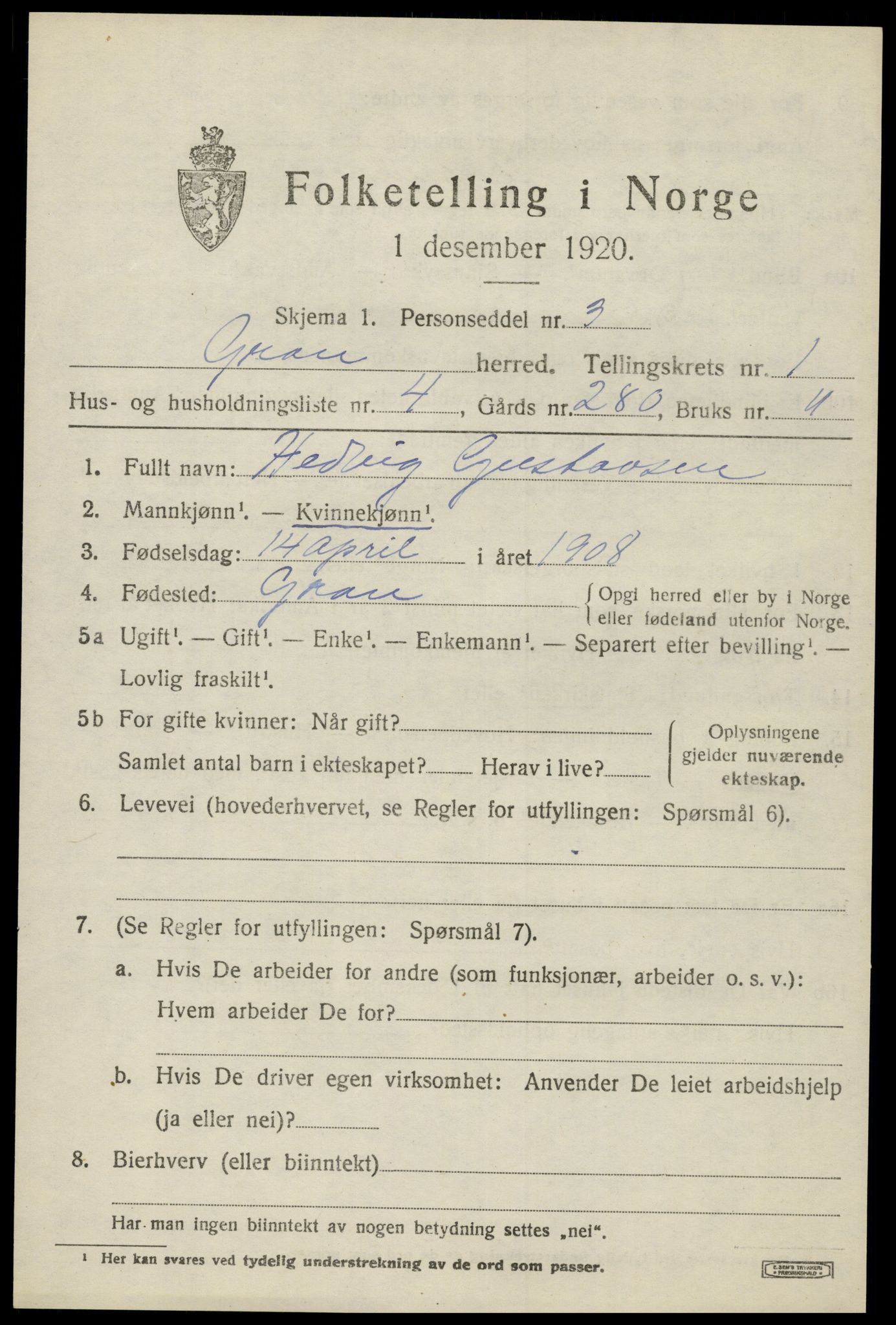 SAH, Folketelling 1920 for 0534 Gran herred, 1920, s. 1716