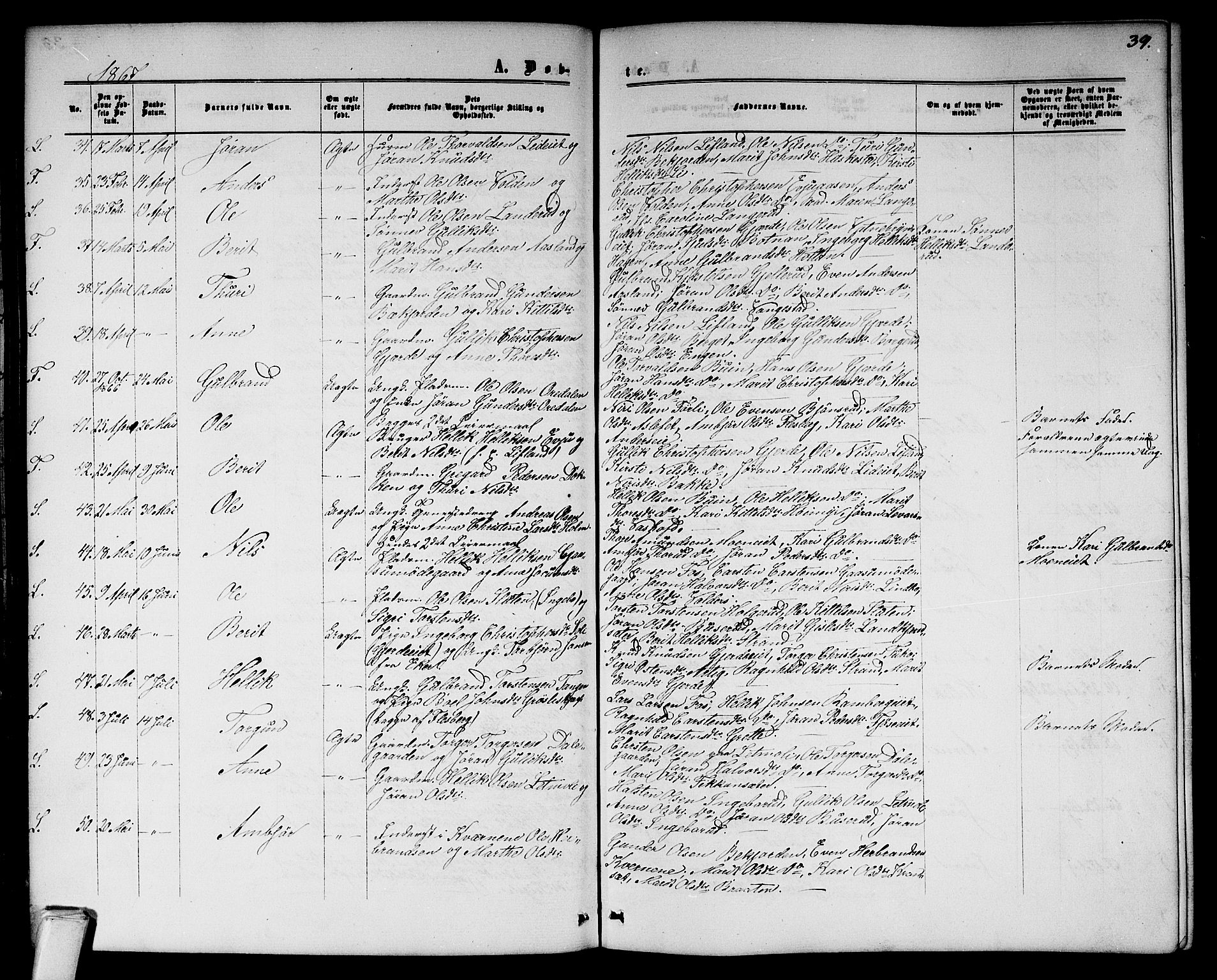 Flesberg kirkebøker, AV/SAKO-A-18/G/Ga/L0003: Klokkerbok nr. I 3, 1861-1889, s. 39