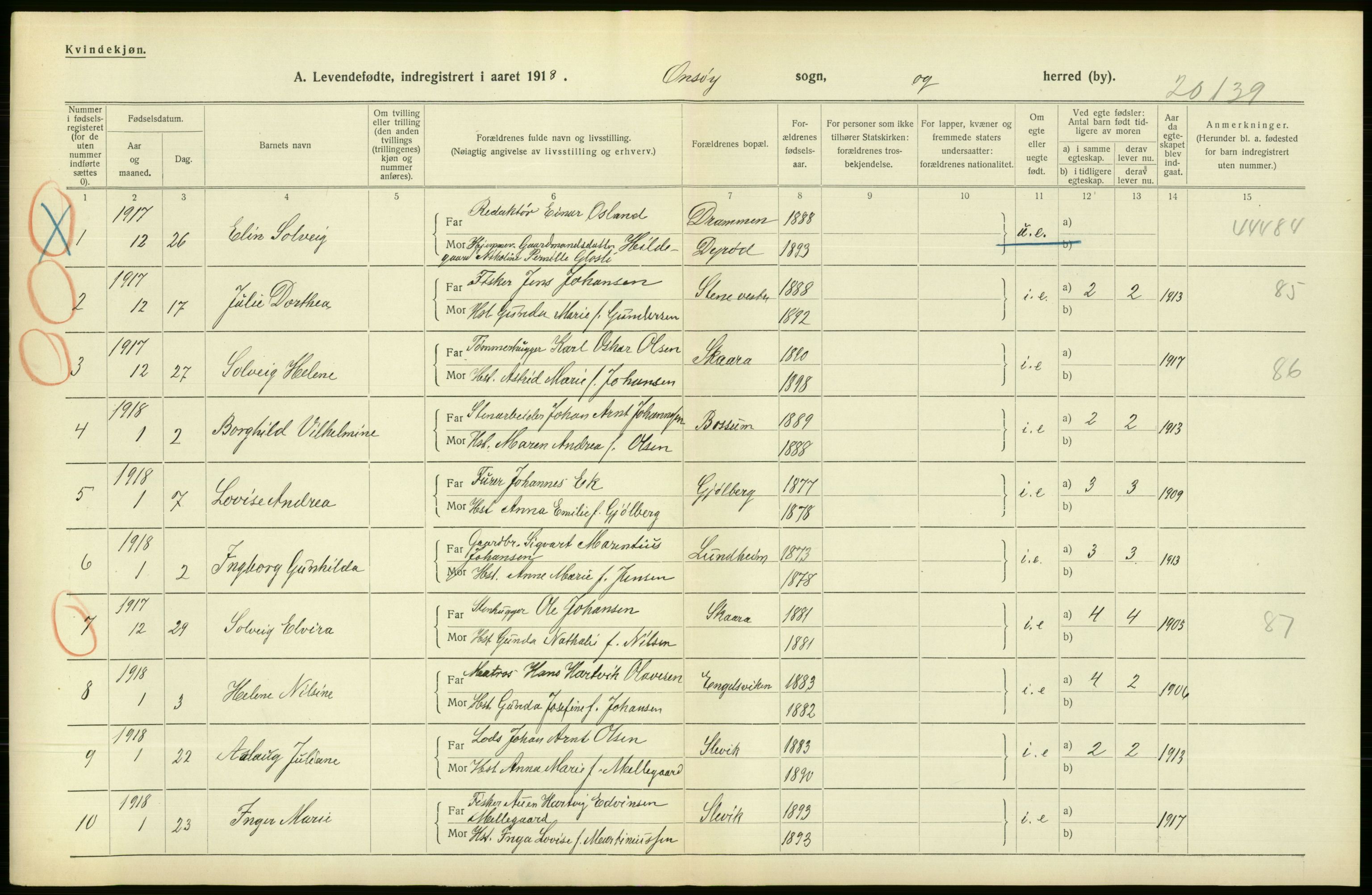 Statistisk sentralbyrå, Sosiodemografiske emner, Befolkning, RA/S-2228/D/Df/Dfb/Dfbh/L0001: Østfold fylke: Levendefødte menn og kvinner. Bygder., 1918, s. 504