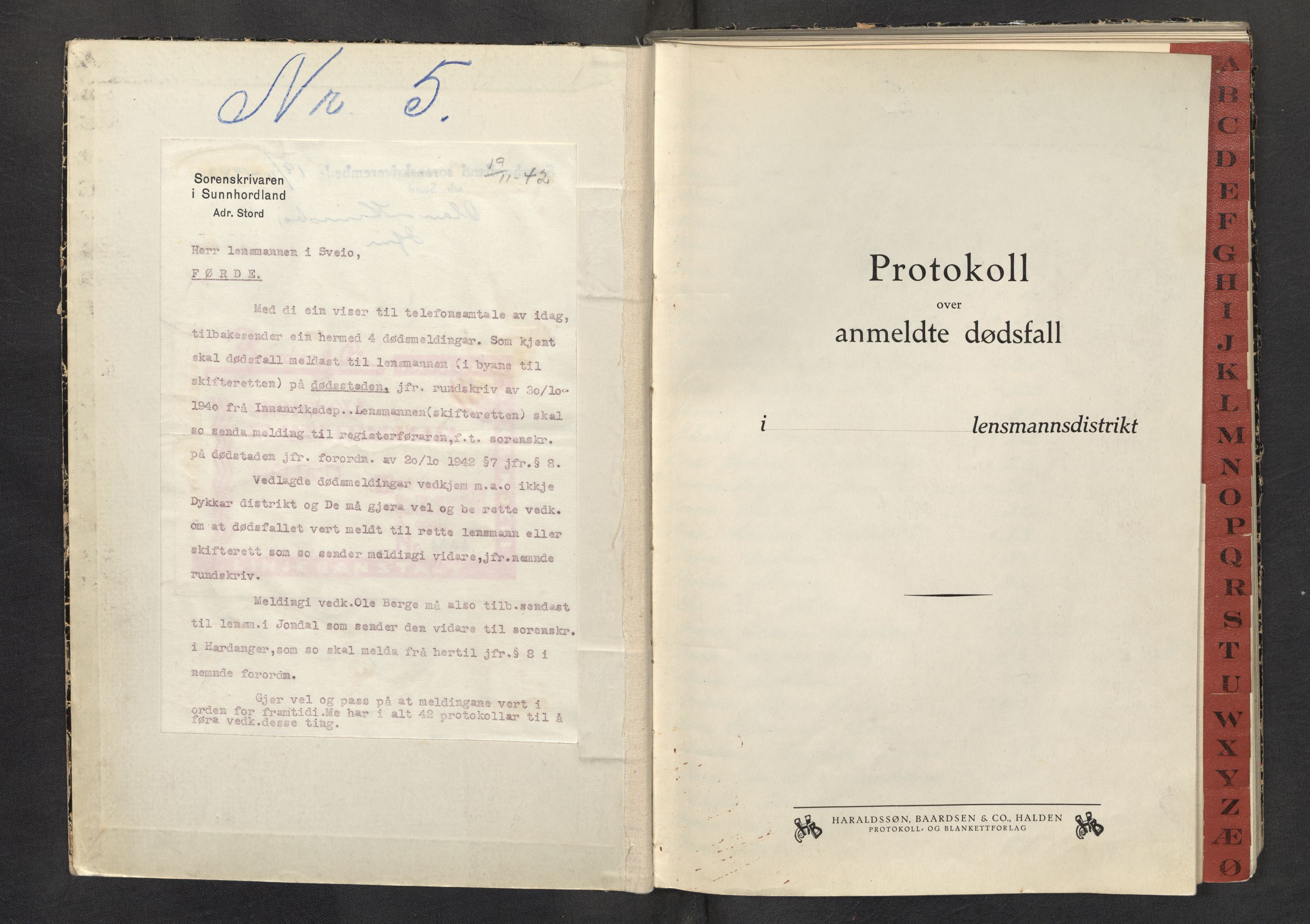 Lensmannen i Sveio, SAB/A-35301/0006/L0005: Dødsfallprotokoll, 1942-1949