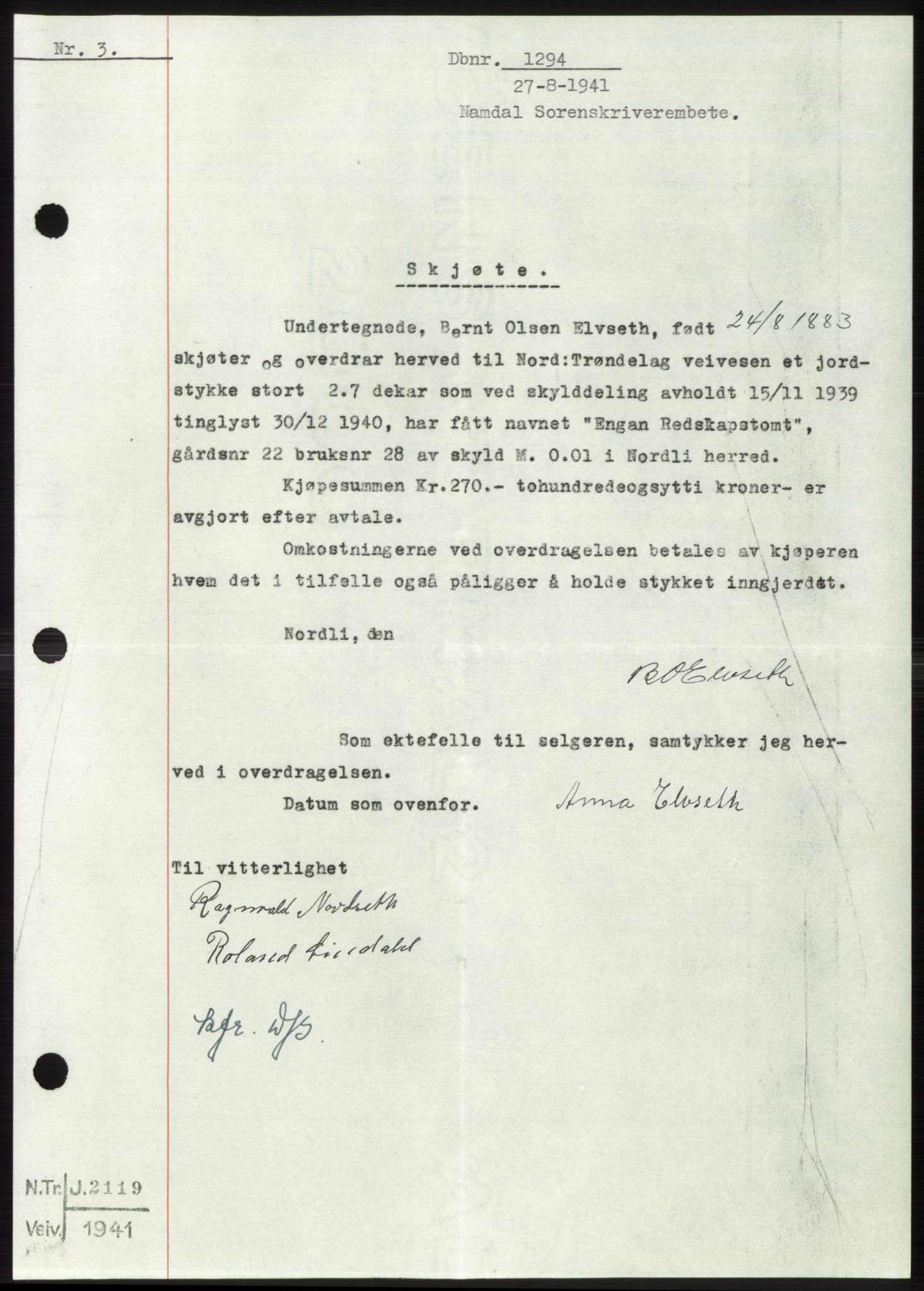 Namdal sorenskriveri, SAT/A-4133/1/2/2C: Pantebok nr. -, 1940-1941, Tingl.dato: 27.08.1941