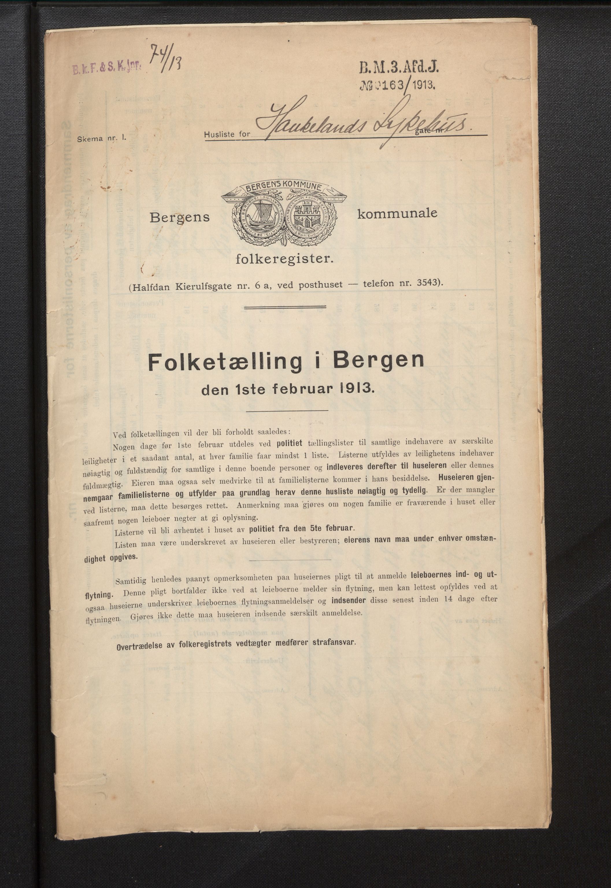 SAB, Kommunal folketelling 1913 for Bergen kjøpstad, 1913, s. 1