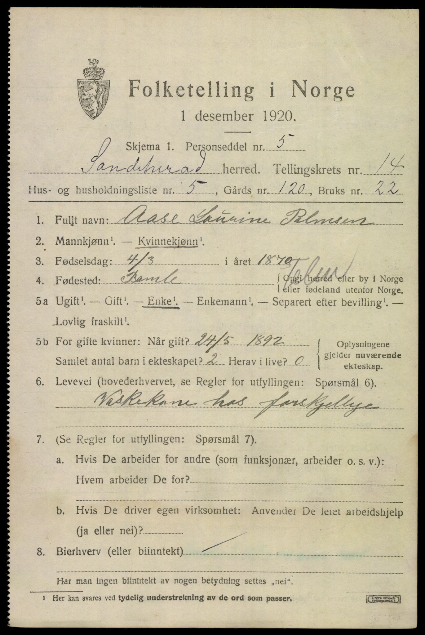 SAKO, Folketelling 1920 for 0724 Sandeherred herred, 1920, s. 20240