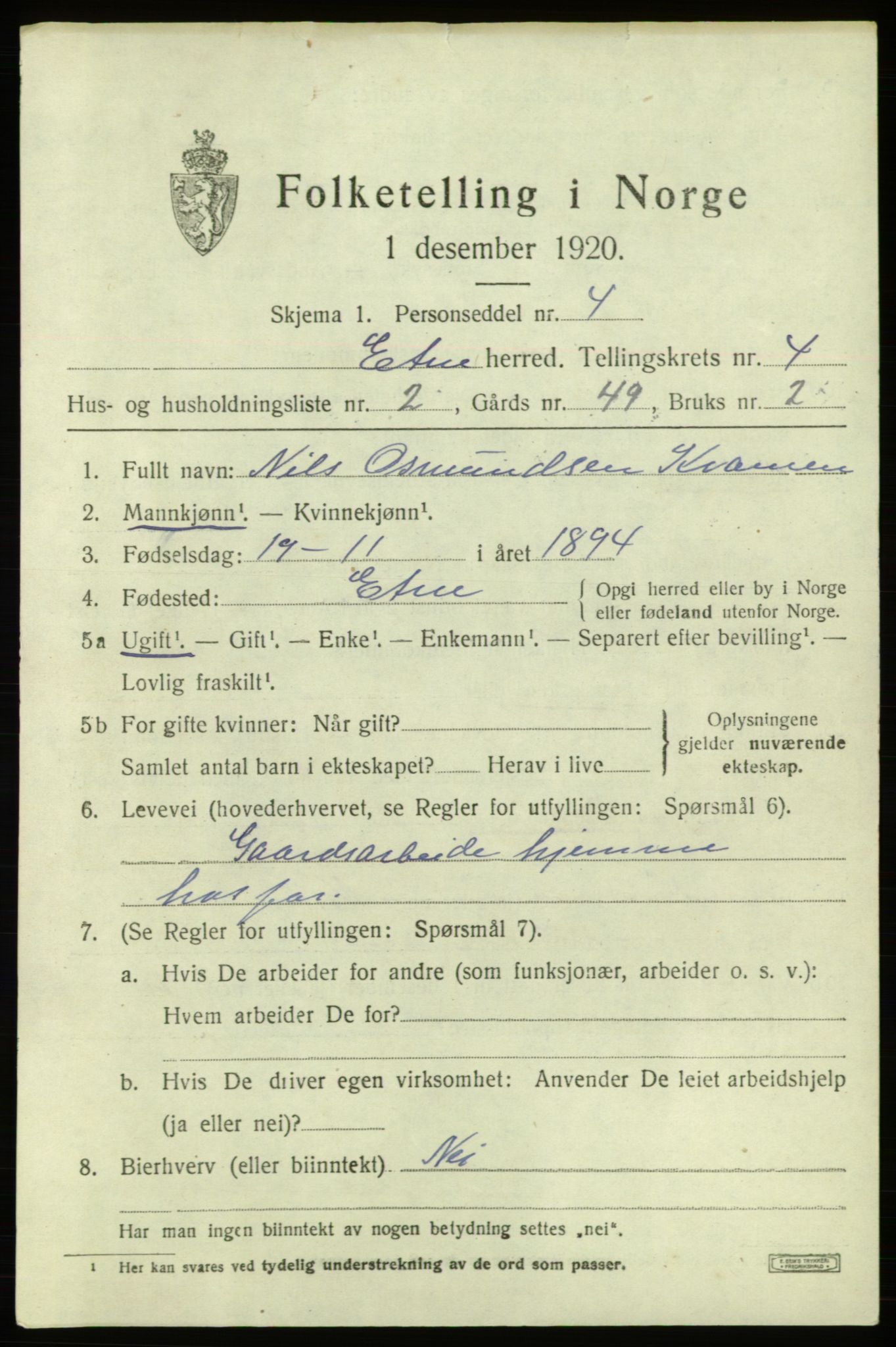 SAB, Folketelling 1920 for 1211 Etne herred, 1920, s. 2009