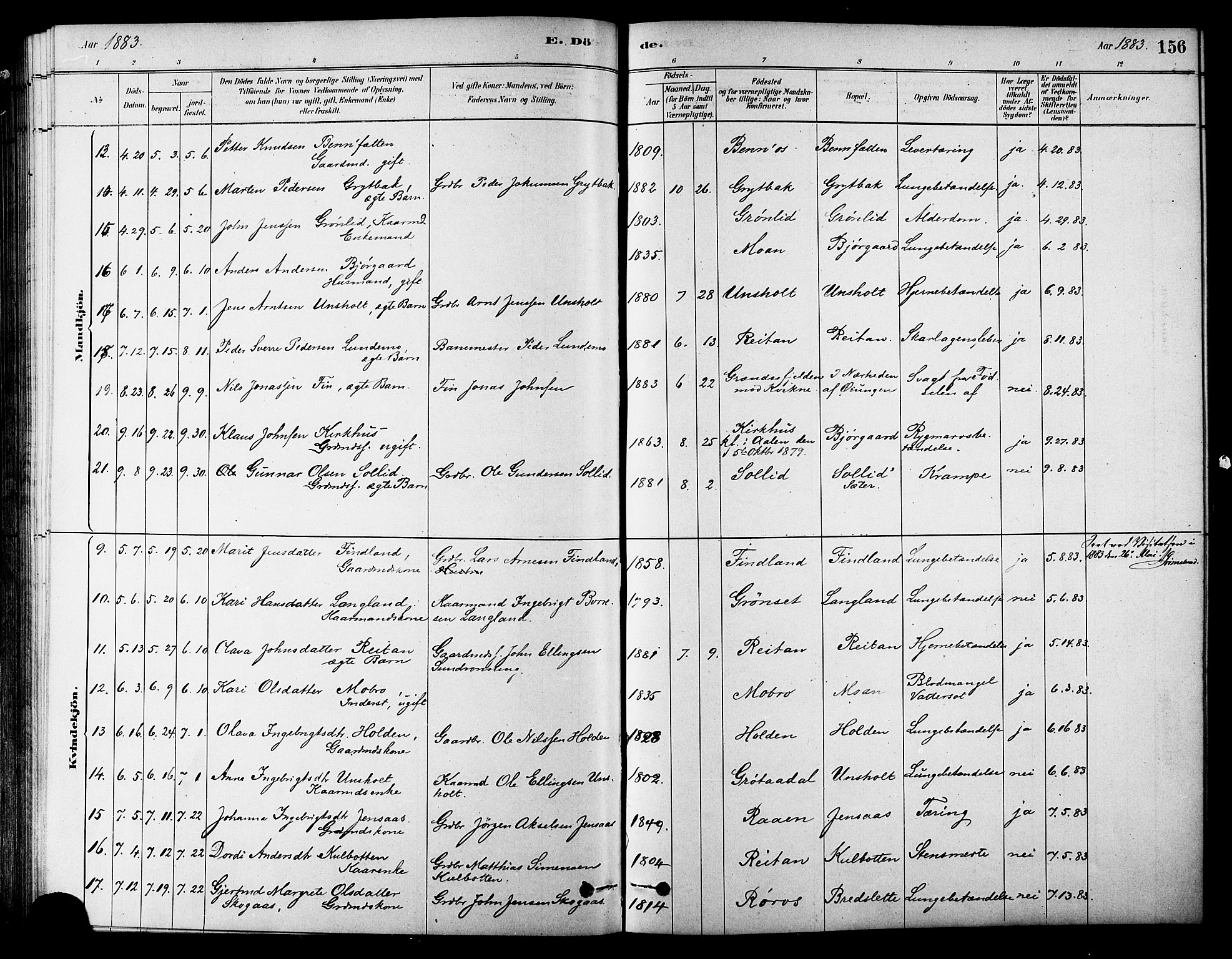 Ministerialprotokoller, klokkerbøker og fødselsregistre - Sør-Trøndelag, SAT/A-1456/686/L0983: Ministerialbok nr. 686A01, 1879-1890, s. 156