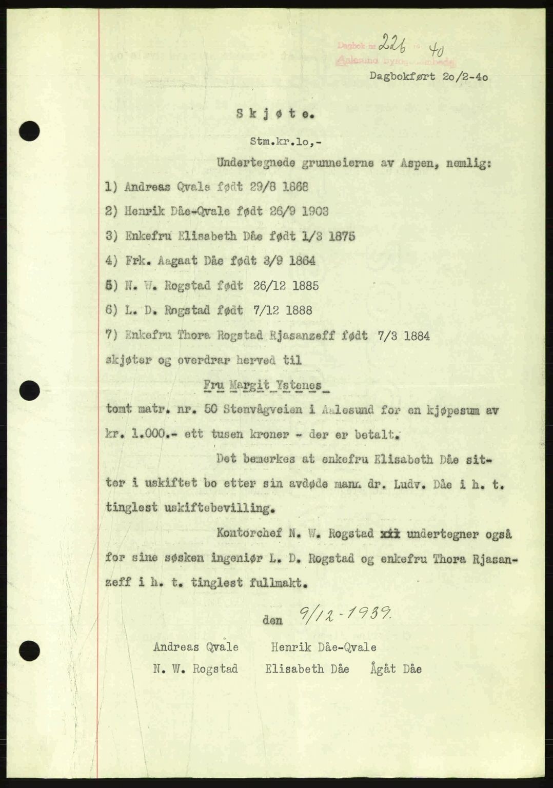 Ålesund byfogd, AV/SAT-A-4384: Pantebok nr. 34 II, 1938-1940, Dagboknr: 226/1940