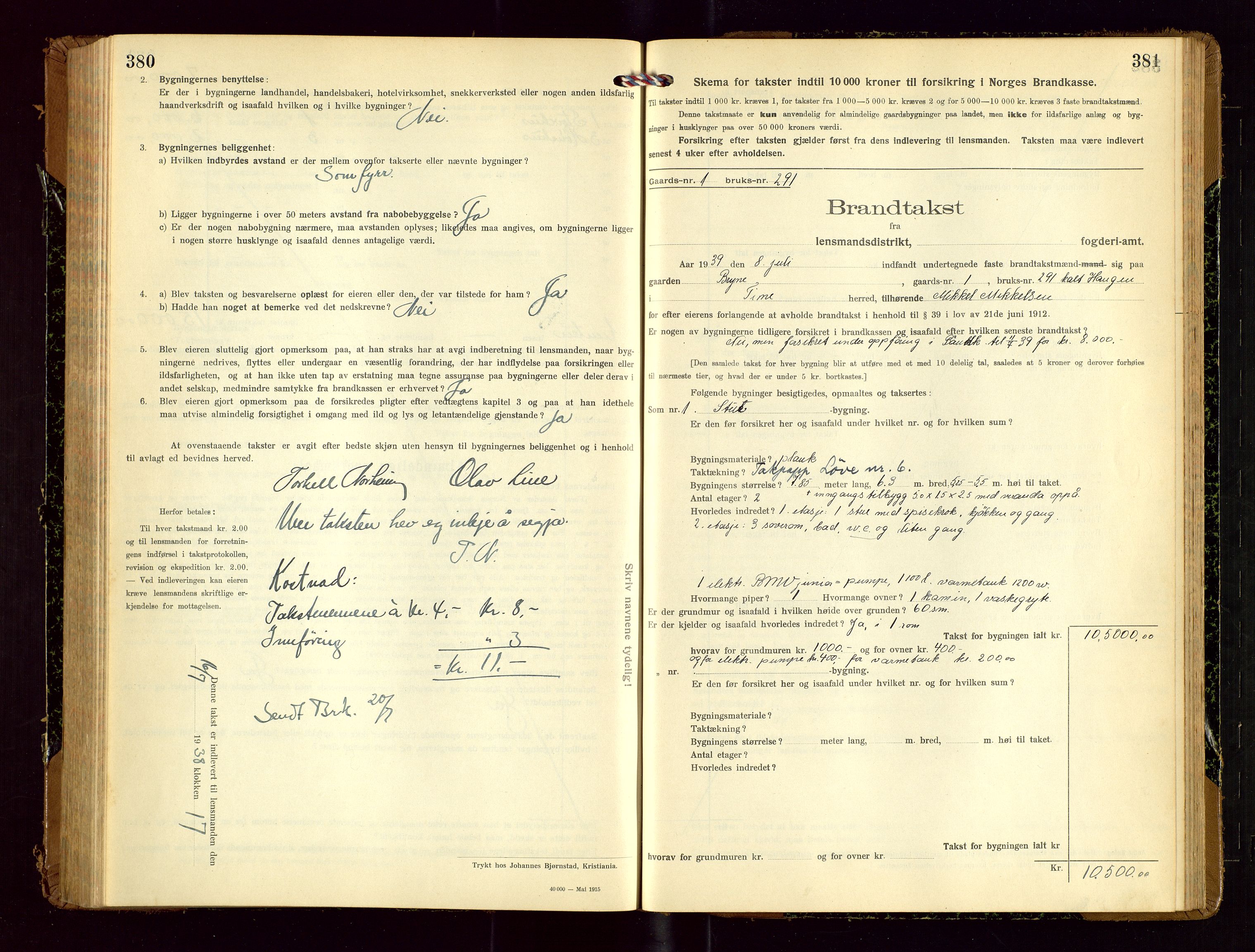 Time lensmannskontor, AV/SAST-A-100420/Gob/L0002: Branntakstprotokoll, 1919-1952, s. 380-381