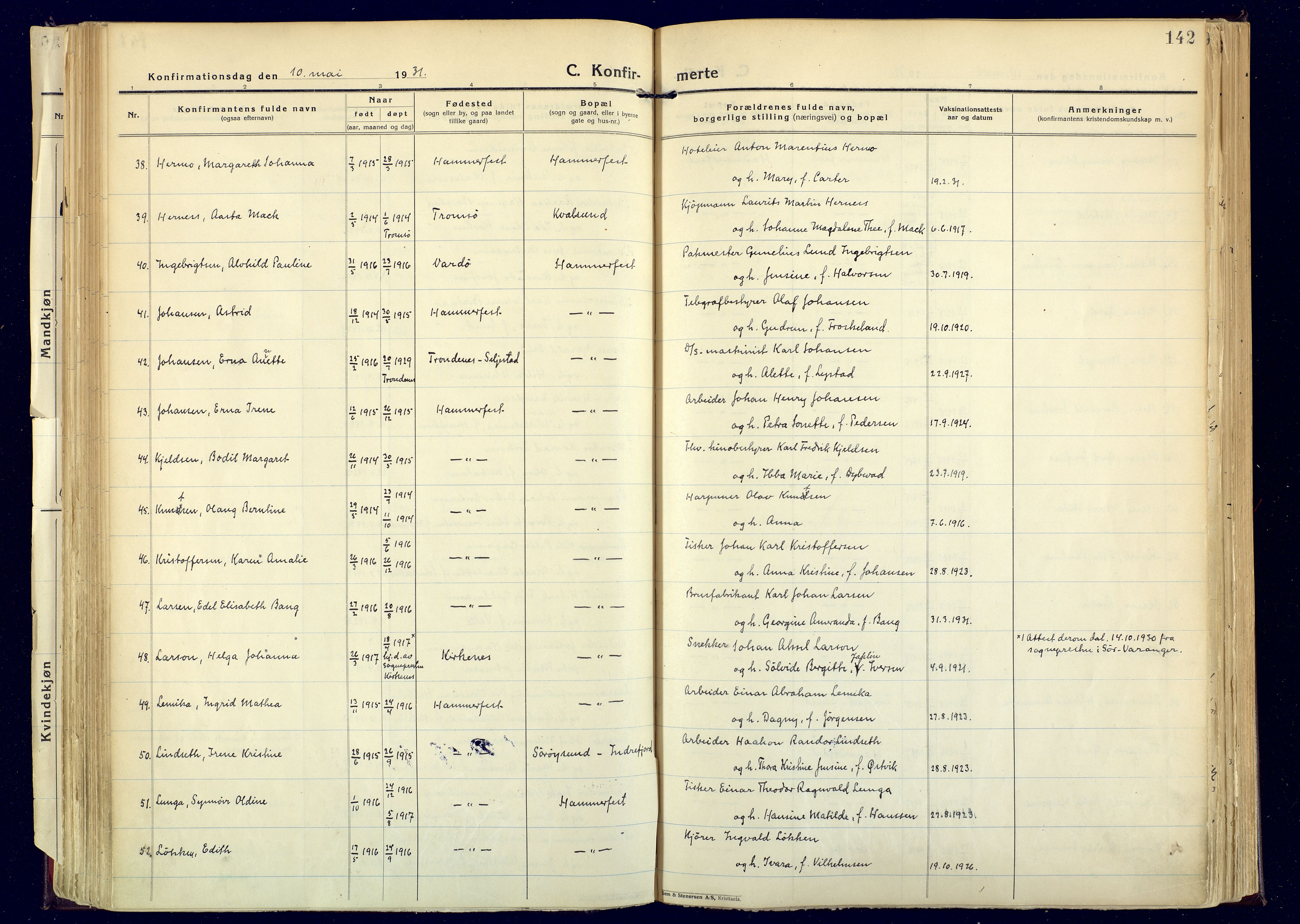 Hammerfest sokneprestkontor, SATØ/S-1347: Ministerialbok nr. 17, 1923-1933, s. 142