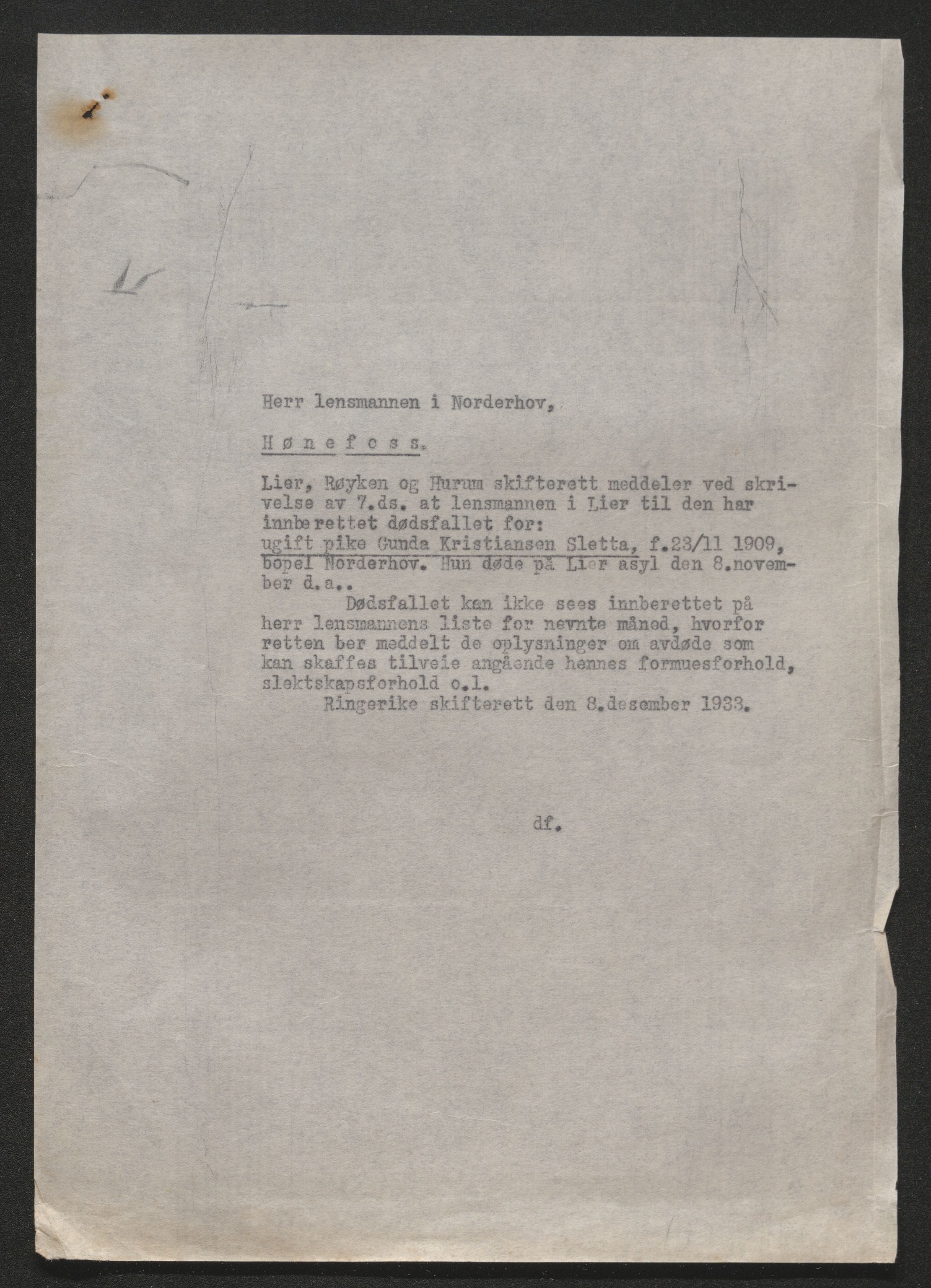 Ringerike sorenskriveri, AV/SAKO-A-105/H/Ha/Hab/L0017: Dødsfallslister Haugsbygd, 1931-1940