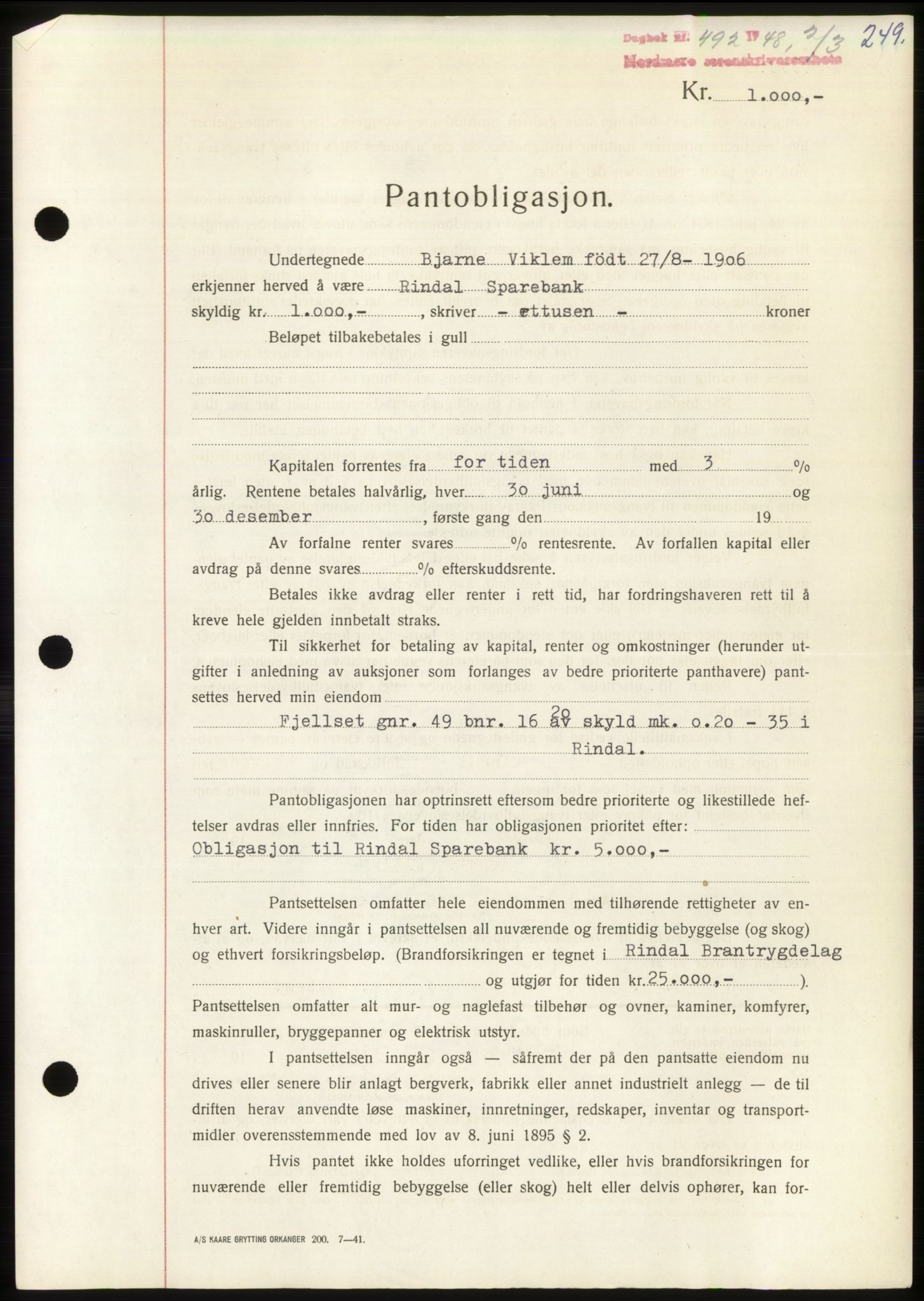 Nordmøre sorenskriveri, SAT/A-4132/1/2/2Ca: Pantebok nr. B98, 1948-1948, Dagboknr: 492/1948
