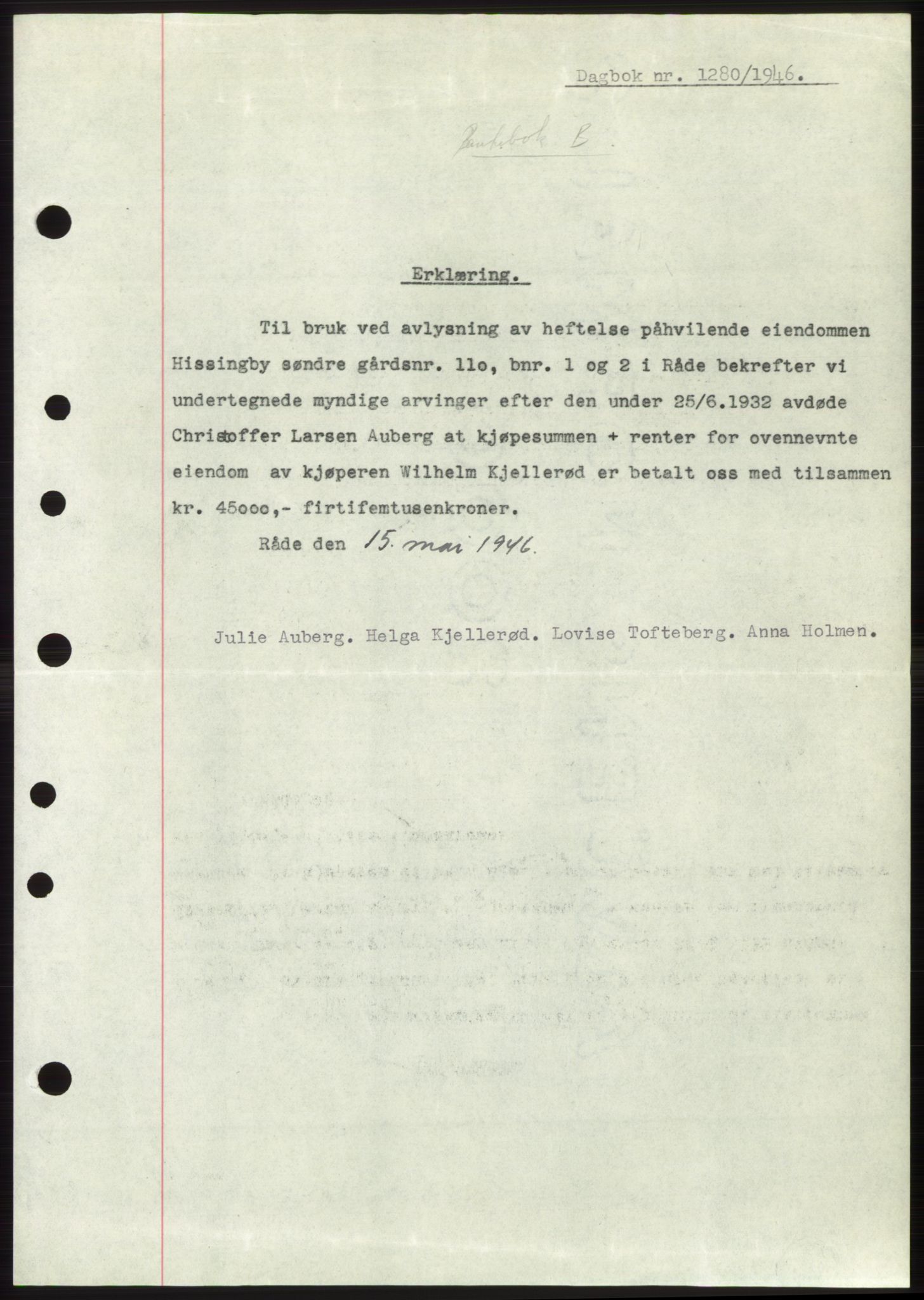 Moss sorenskriveri, SAO/A-10168: Pantebok nr. B15, 1946-1946, Dagboknr: 1280/1946