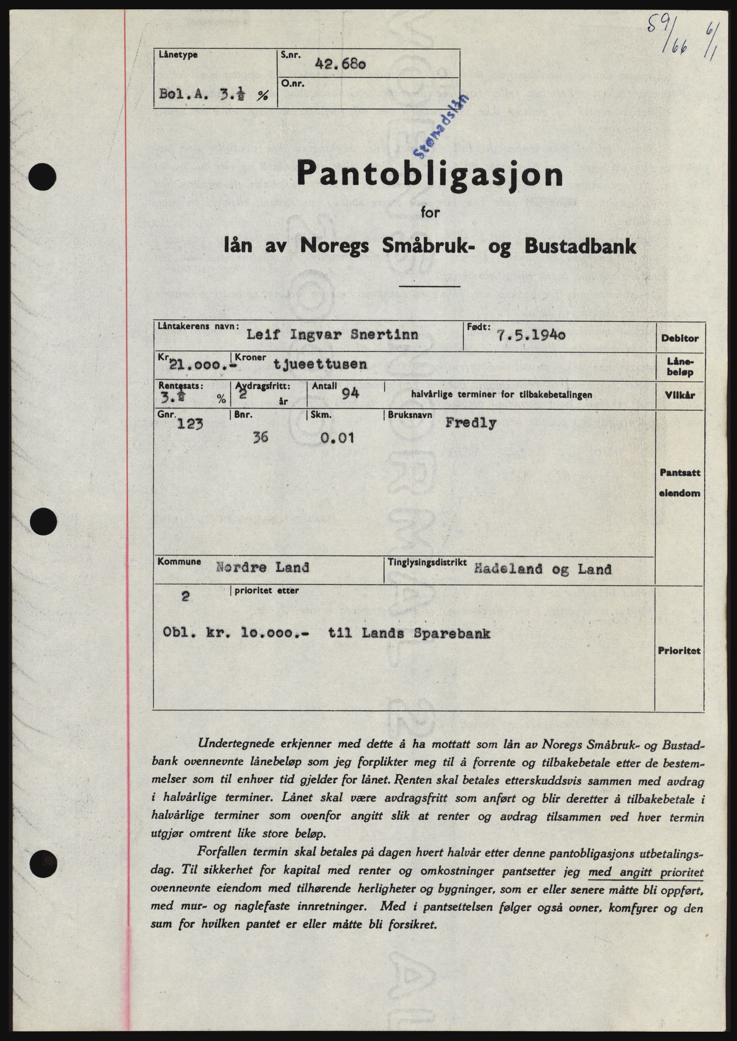 Hadeland og Land tingrett, SAH/TING-010/H/Hb/Hbc/L0061: Pantebok nr. B61, 1965-1966, Dagboknr: 59/1966