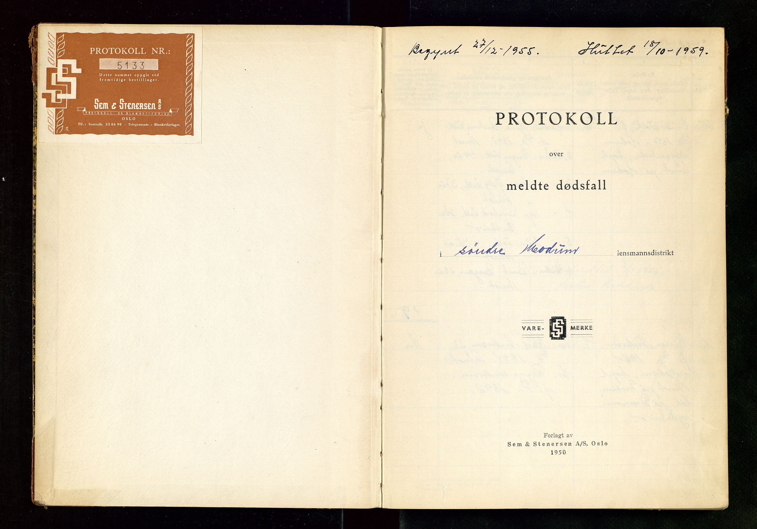 Modum lensmannskontor, AV/SAKO-A-524/H/Ha/Haa/L0008: Dødsfallsprotokoll - Søndre Modum, 1955-1959