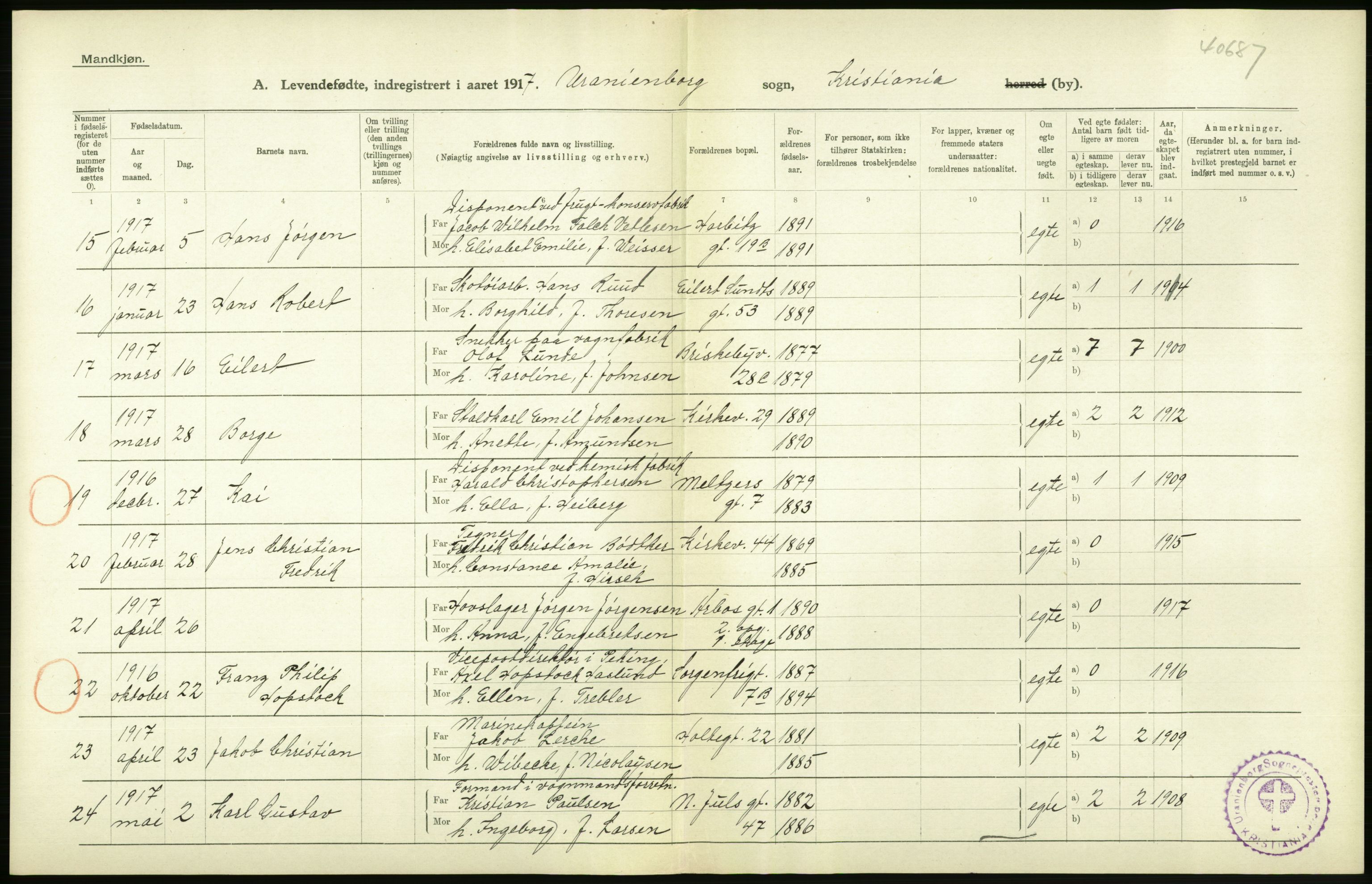 Statistisk sentralbyrå, Sosiodemografiske emner, Befolkning, AV/RA-S-2228/D/Df/Dfb/Dfbg/L0007: Kristiania: Levendefødte menn og kvinner., 1917, s. 288