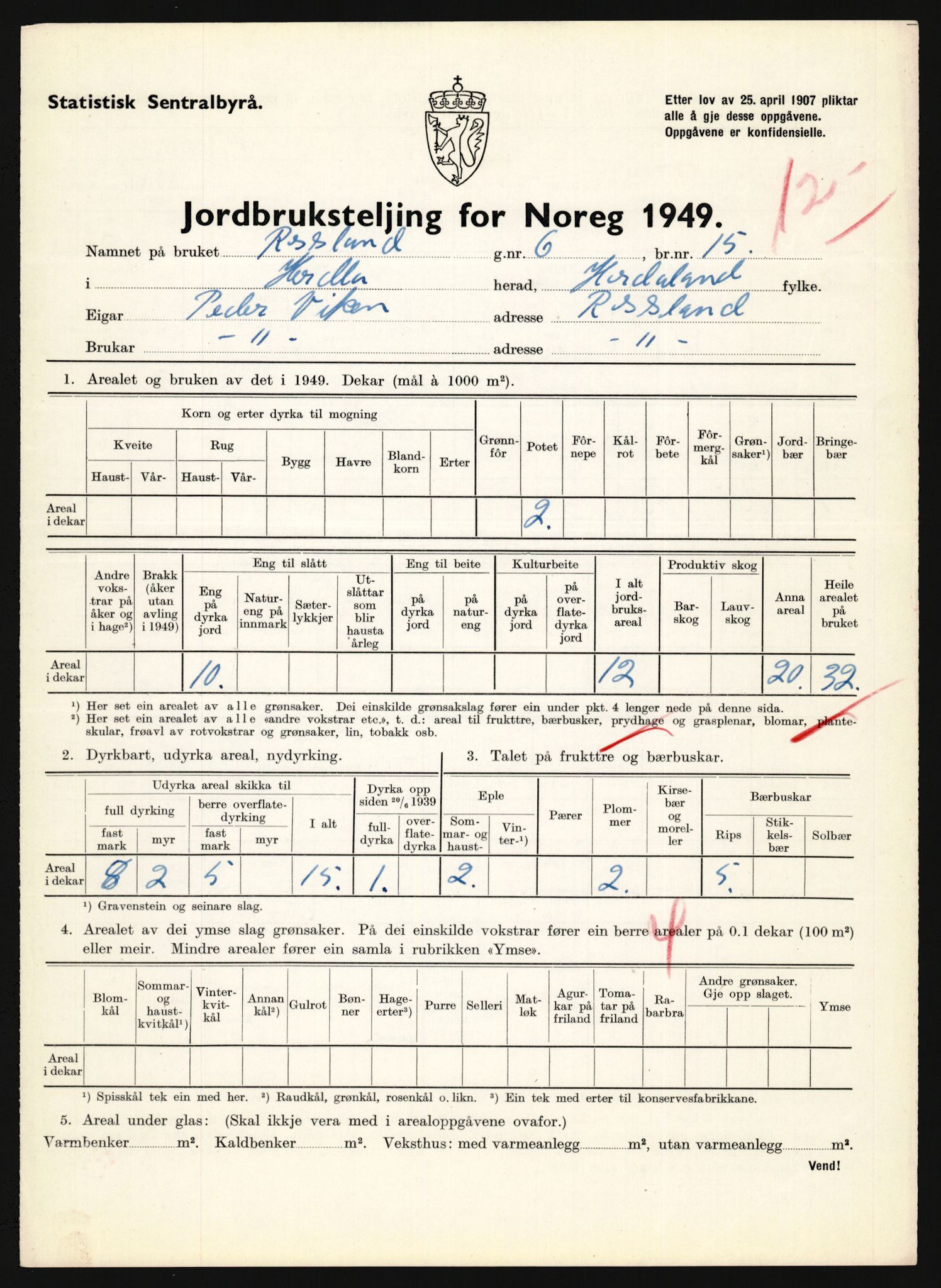 Statistisk sentralbyrå, Næringsøkonomiske emner, Jordbruk, skogbruk, jakt, fiske og fangst, AV/RA-S-2234/G/Gc/L0276: Hordaland: Herdla og Hjelme, 1949, s. 686