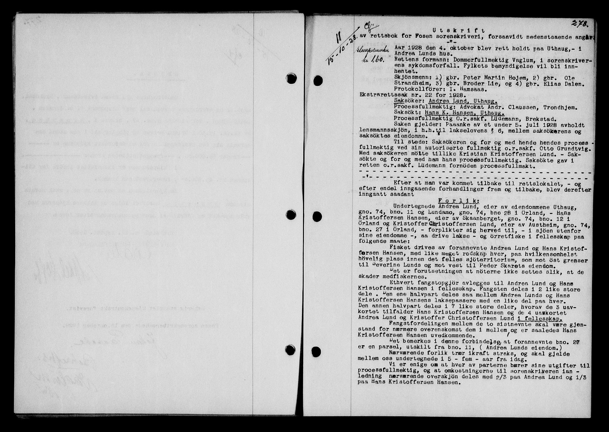 Fosen sorenskriveri, AV/SAT-A-1107/1/2/2C/L0067: Pantebok nr. 58, 1928-1929, s. 278, Tingl.dato: 15.10.1928