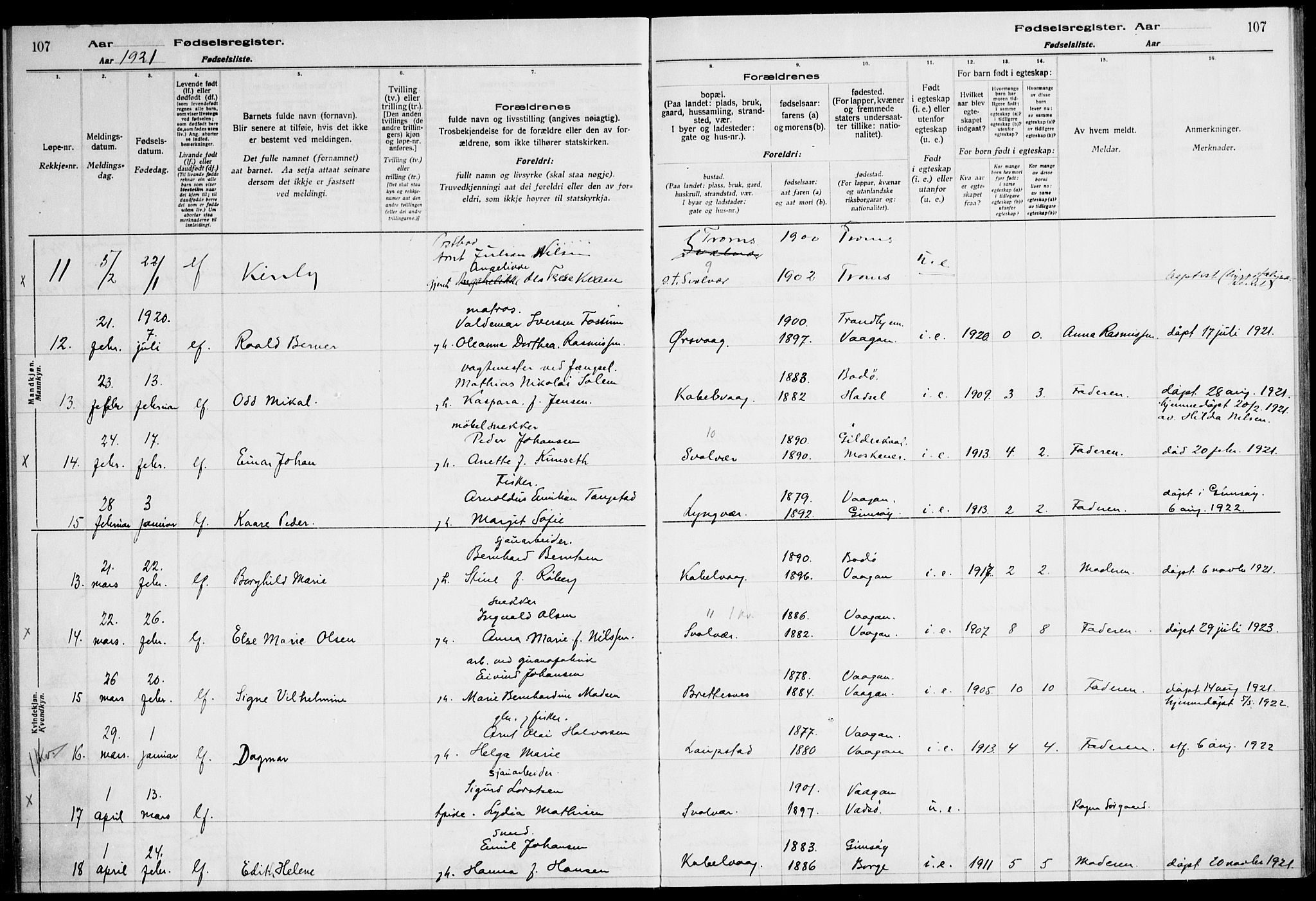 Ministerialprotokoller, klokkerbøker og fødselsregistre - Nordland, SAT/A-1459/874/L1089: Fødselsregister nr. 874.II.4.1, 1916-1926, s. 107