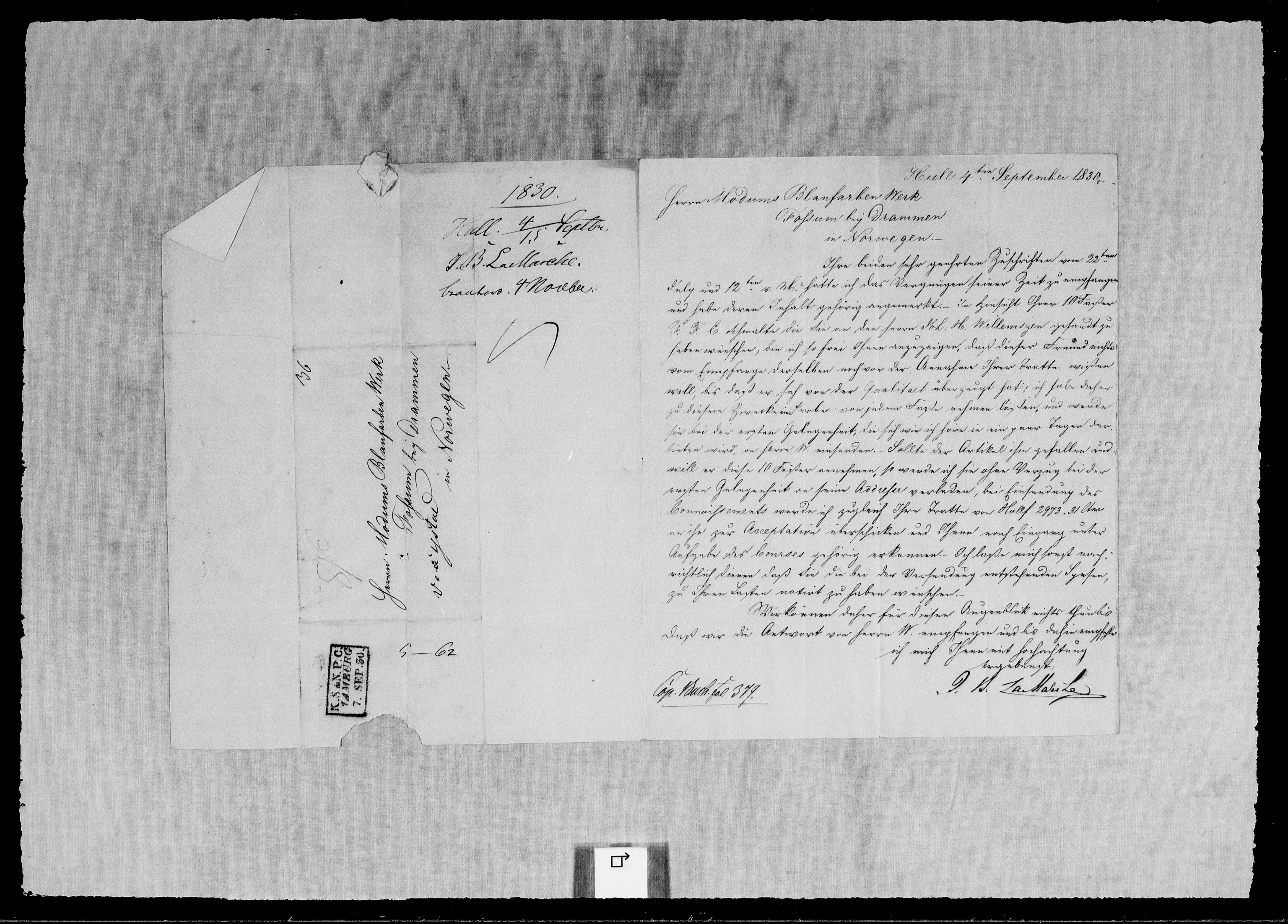 Modums Blaafarveværk, RA/PA-0157/G/Gb/L0106/0001: -- / Innkomne brev M - Y, 1830-1831, s. 4
