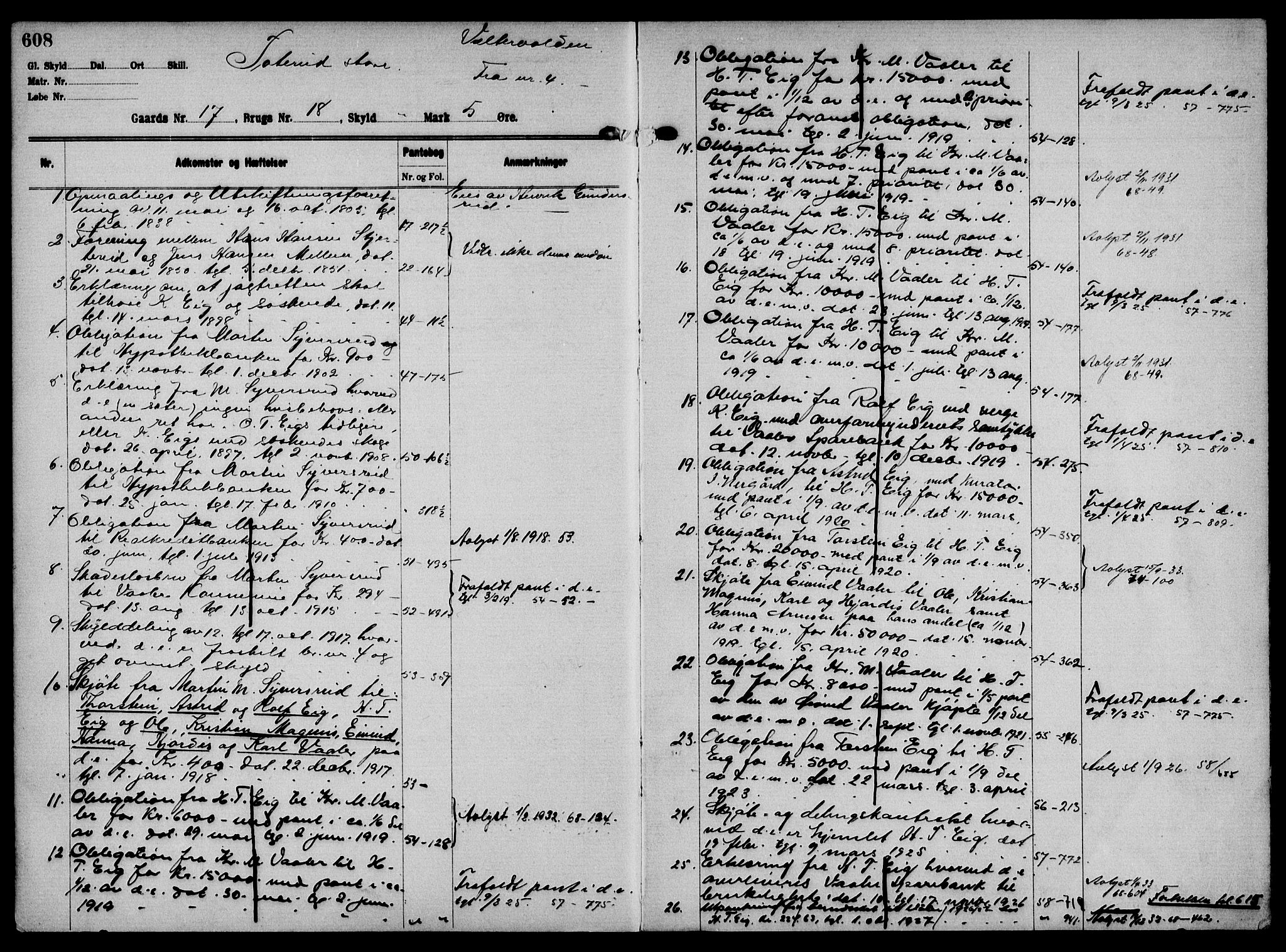 Solør tingrett, AV/SAH-TING-008/H/Ha/Hak/L0001: Panteregister nr. I, 1900-1935, s. 608