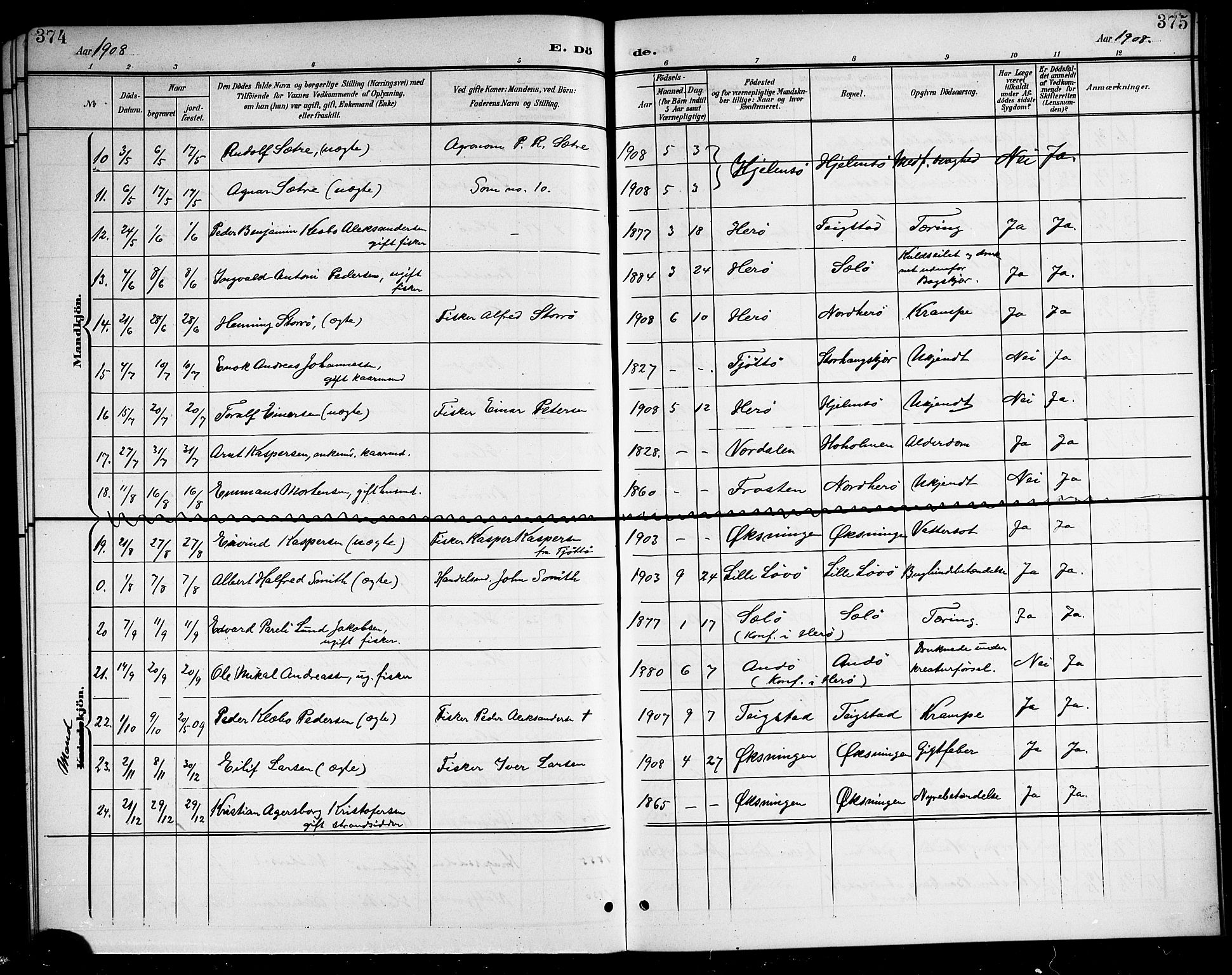 Ministerialprotokoller, klokkerbøker og fødselsregistre - Nordland, SAT/A-1459/834/L0516: Klokkerbok nr. 834C06, 1902-1918, s. 374-375