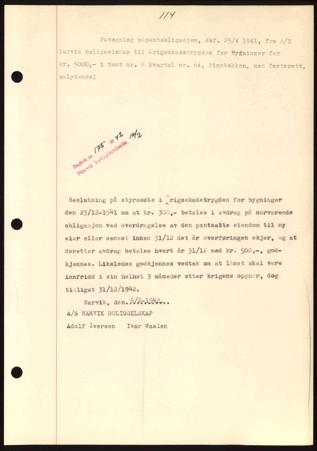 Narvik sorenskriveri, SAT/A-0002/1/2/2C/2Ca: Pantebok nr. A19, 1942-1943, Dagboknr: 175/1942