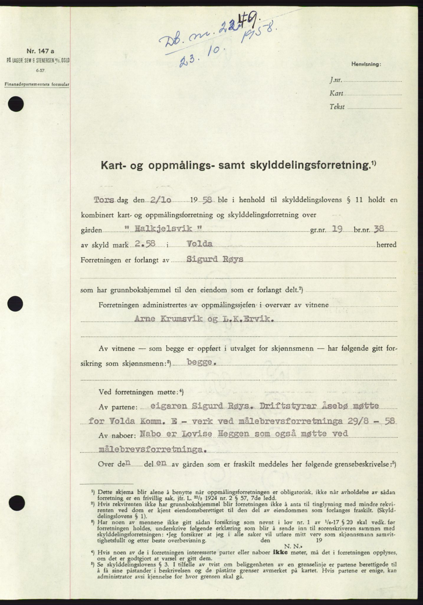 Søre Sunnmøre sorenskriveri, AV/SAT-A-4122/1/2/2C/L0110: Pantebok nr. 36A, 1958-1958, Dagboknr: 2249/1958