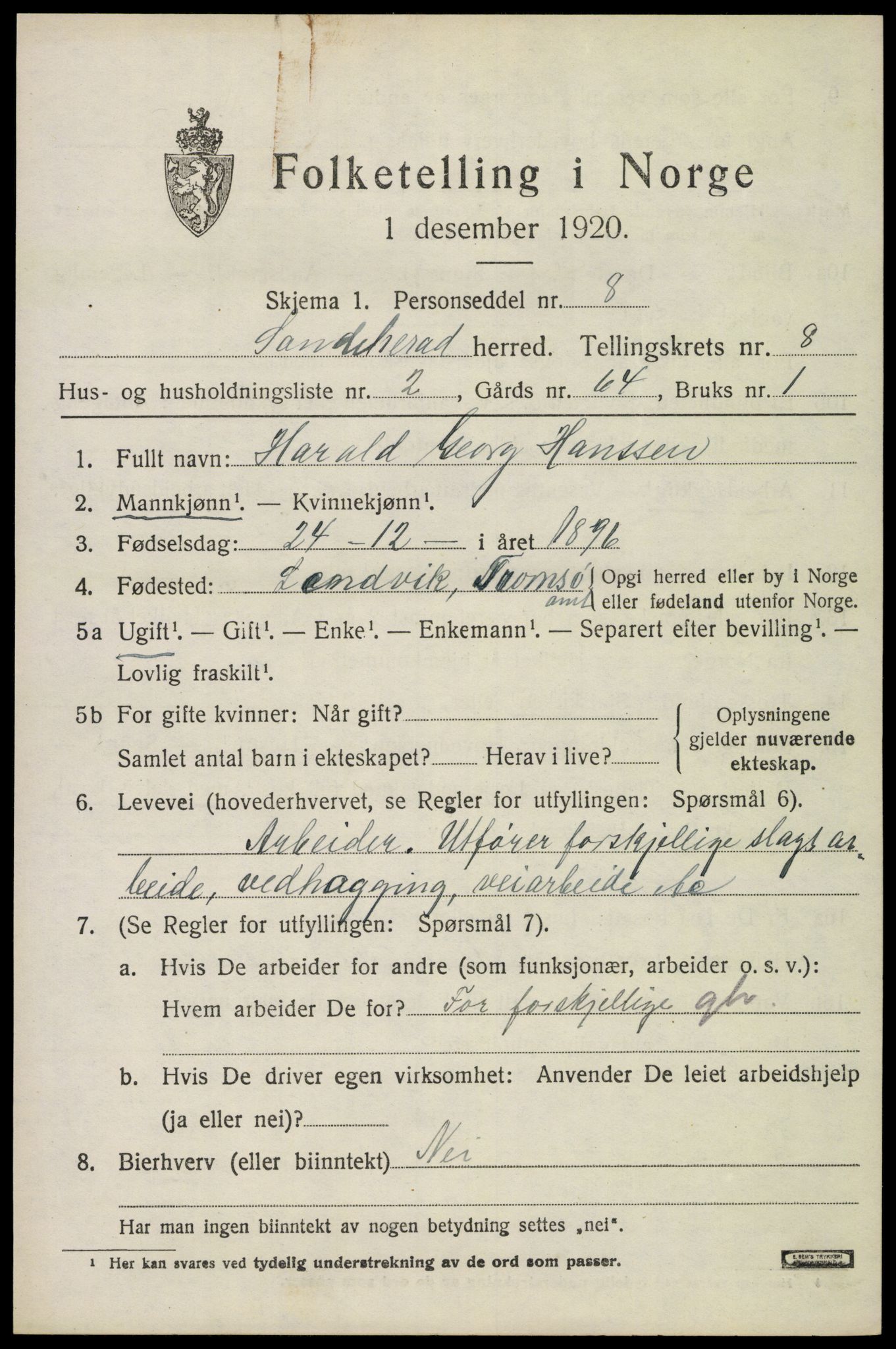 SAKO, Folketelling 1920 for 0724 Sandeherred herred, 1920, s. 12732