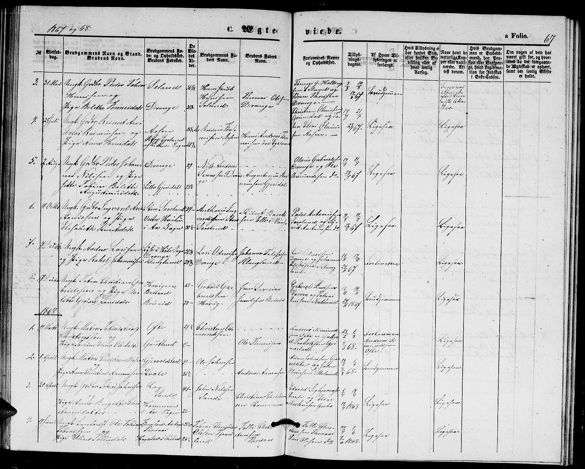 Herad sokneprestkontor, AV/SAK-1111-0018/F/Fb/Fba/L0003: Klokkerbok nr. B 3, 1863-1883, s. 67