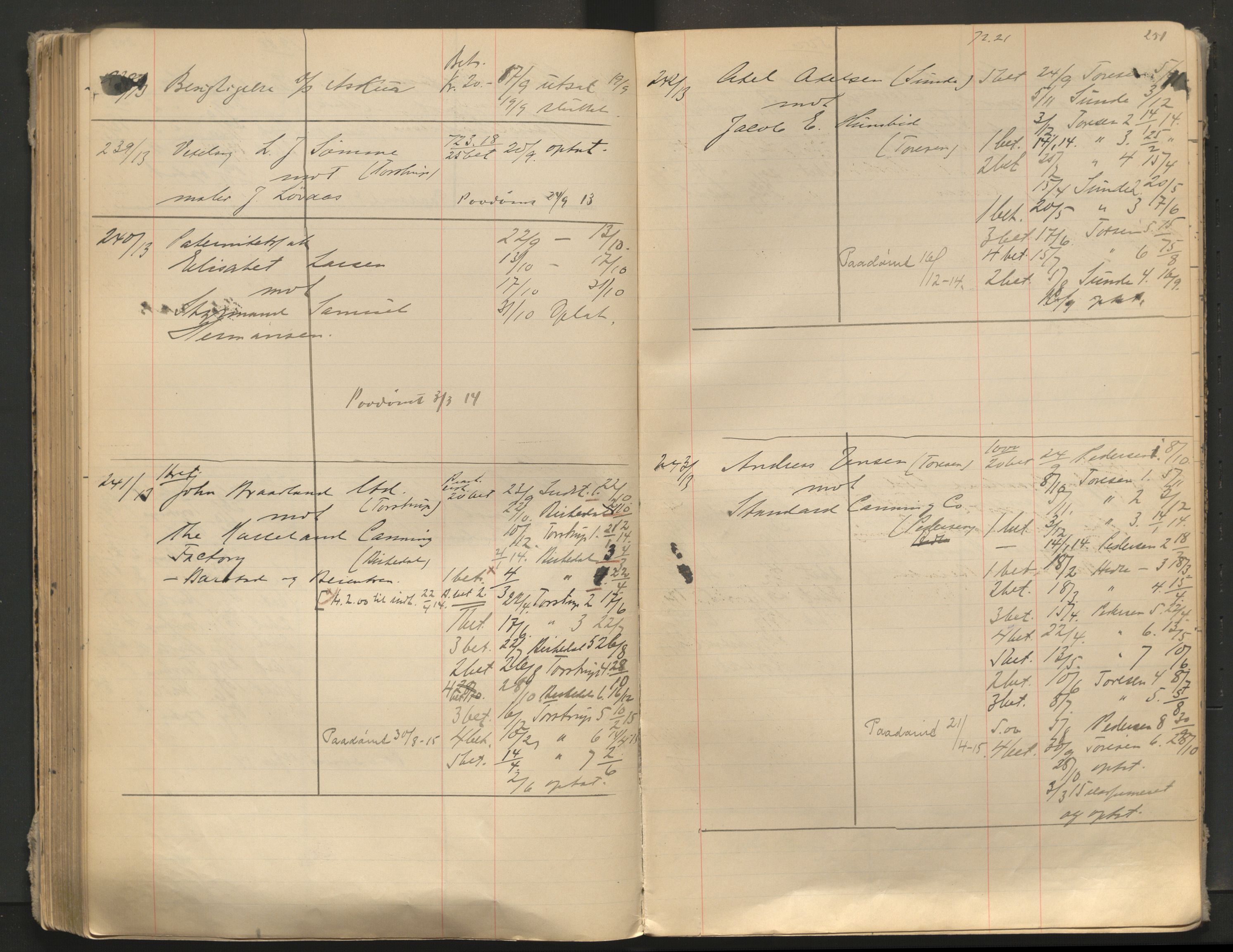 Stavanger byfogd, AV/SAST-A-101408/001/3/32/32A/L0005: Saksliste for Stavanger byting, 1910-1914, s. 250-251