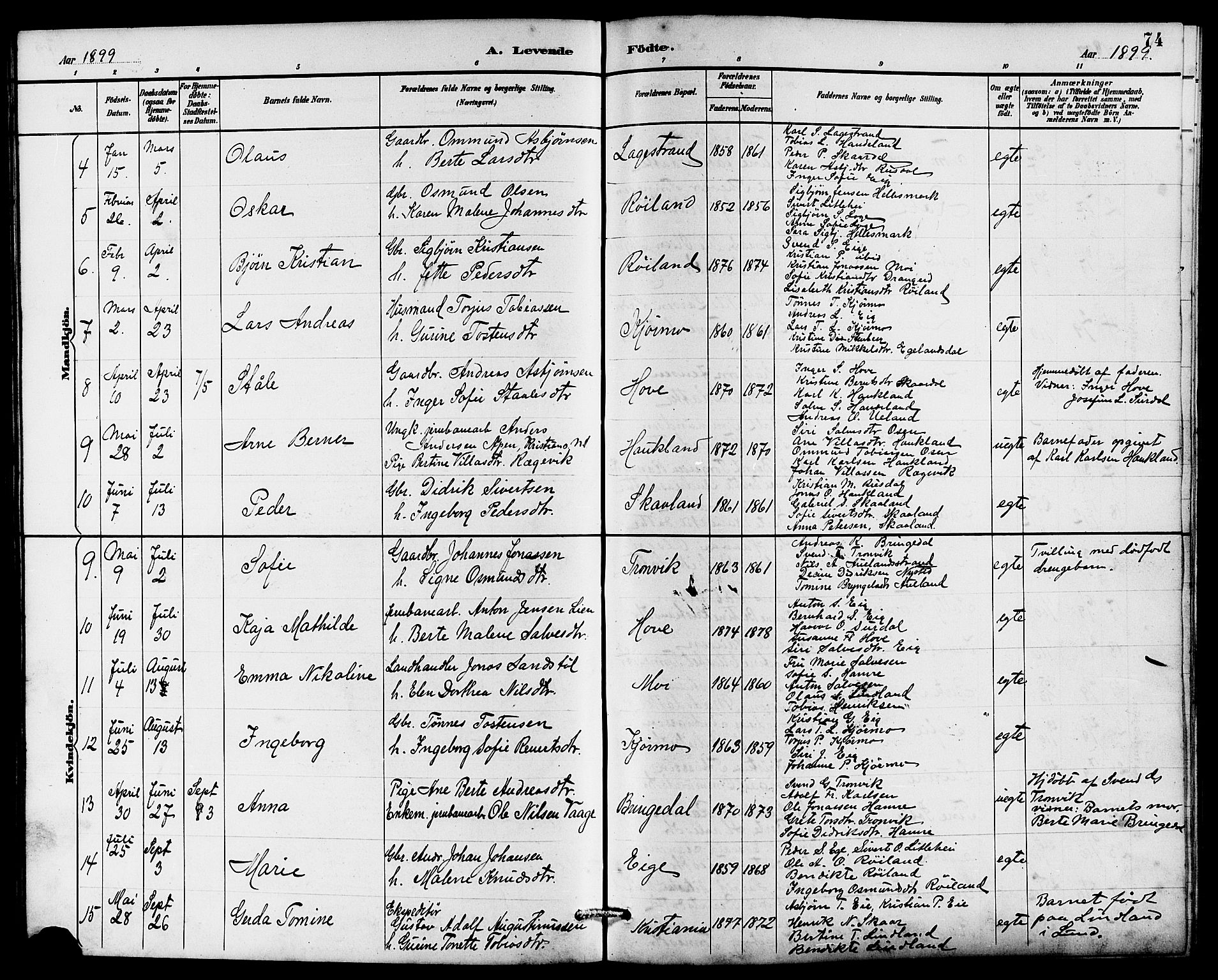 Lund sokneprestkontor, AV/SAST-A-101809/S07/L0006: Klokkerbok nr. B 6, 1885-1901, s. 74