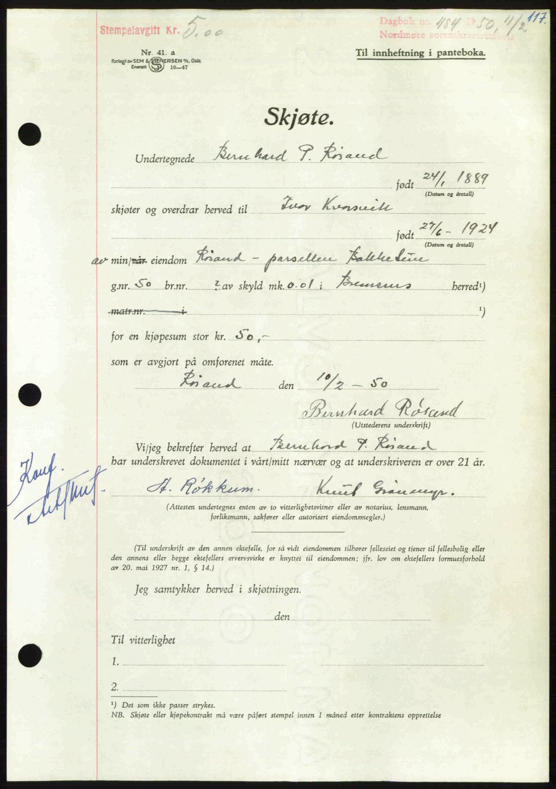 Nordmøre sorenskriveri, AV/SAT-A-4132/1/2/2Ca: Pantebok nr. A114, 1950-1950, Dagboknr: 484/1950