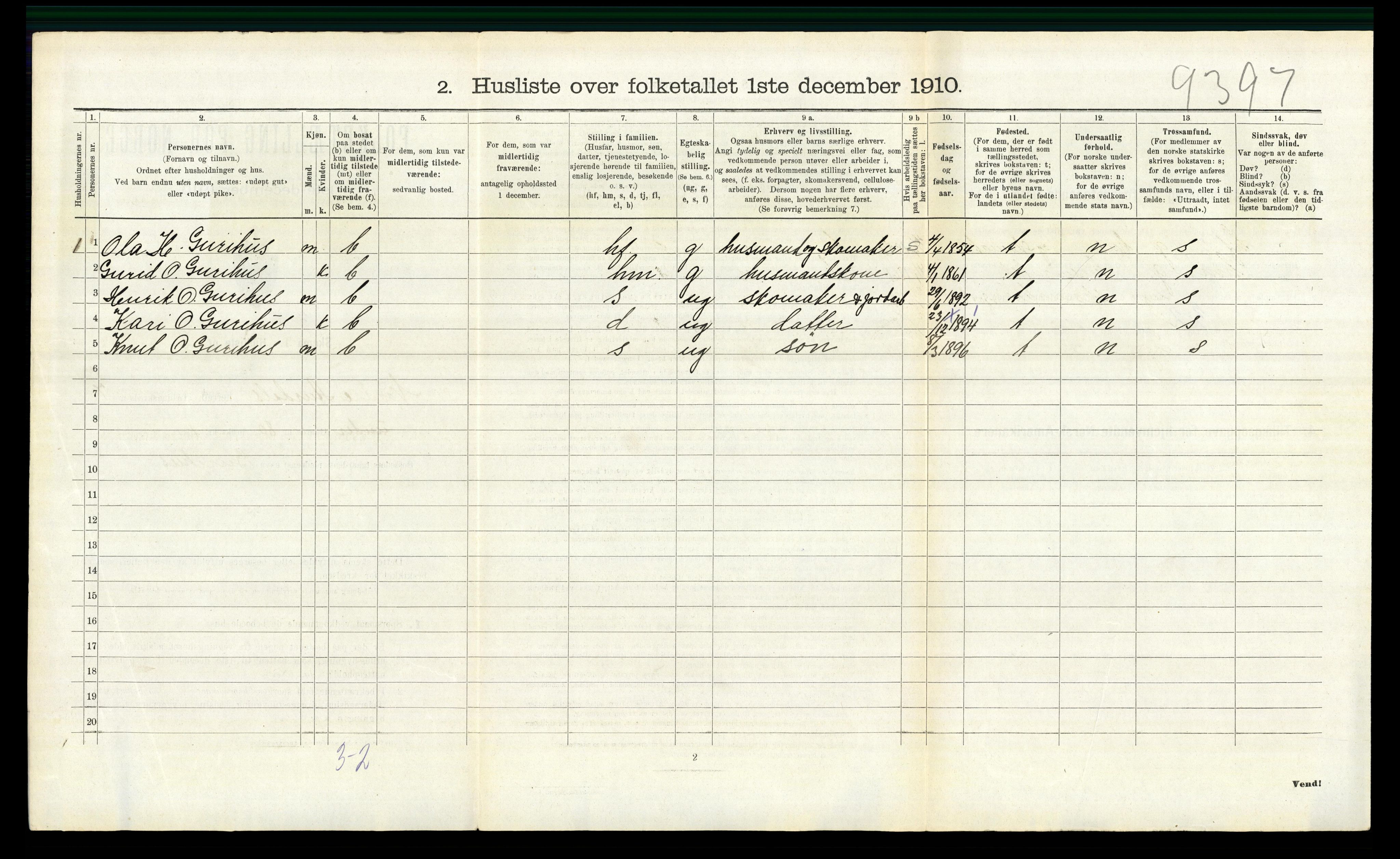 RA, Folketelling 1910 for 0542 Nord-Aurdal herred, 1910, s. 952