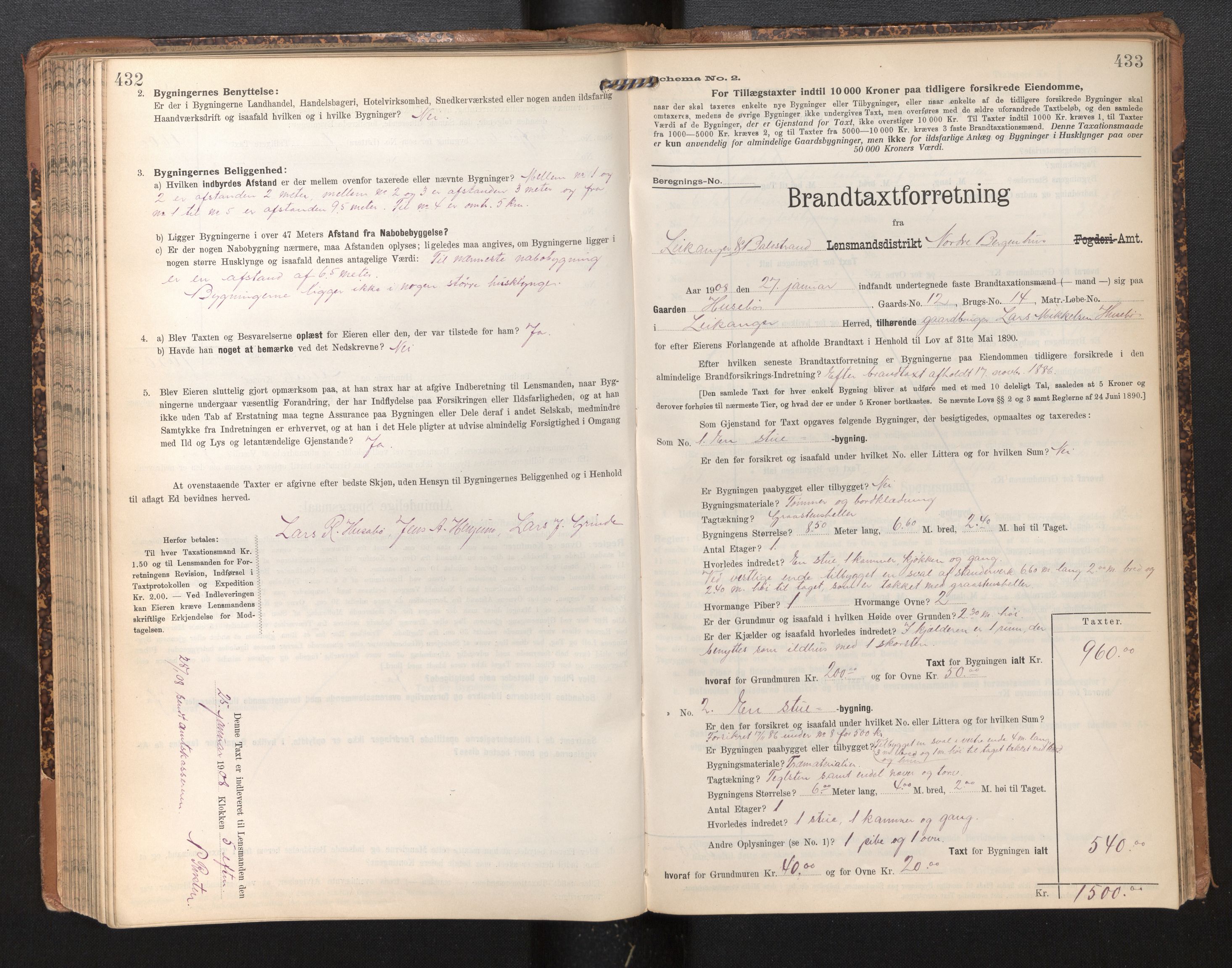 Lensmannen i Leikanger, AV/SAB-A-29201/0012/L0005: Branntakstprotokoll, skjematakst, 1907-1917, s. 432-433